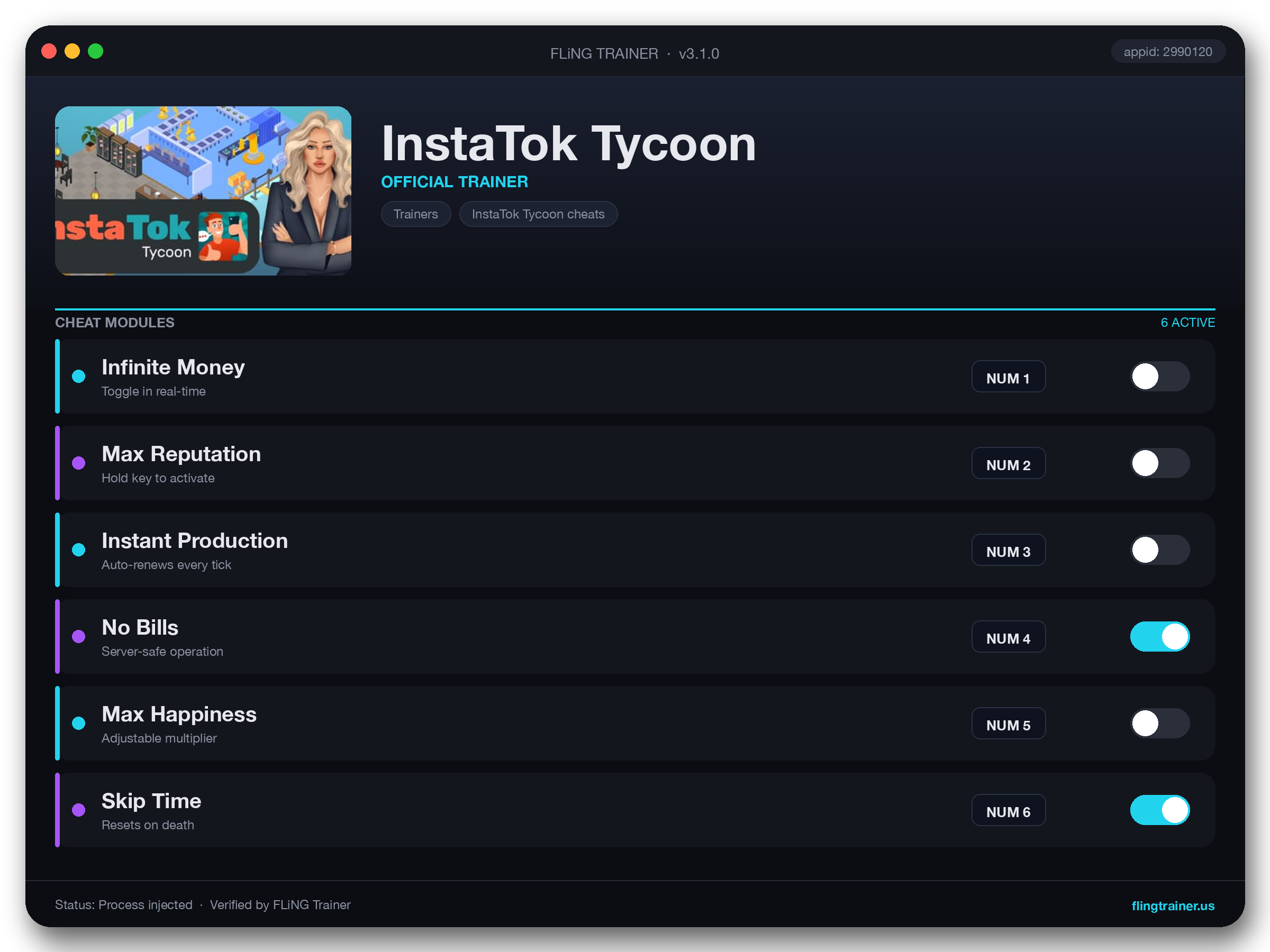 InstaTok Tycoon Trainer interface