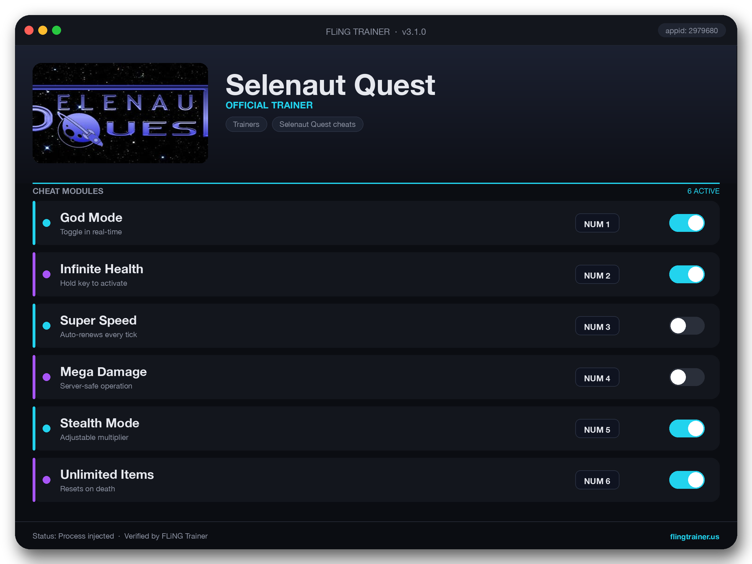Selenaut Quest Trainer interface