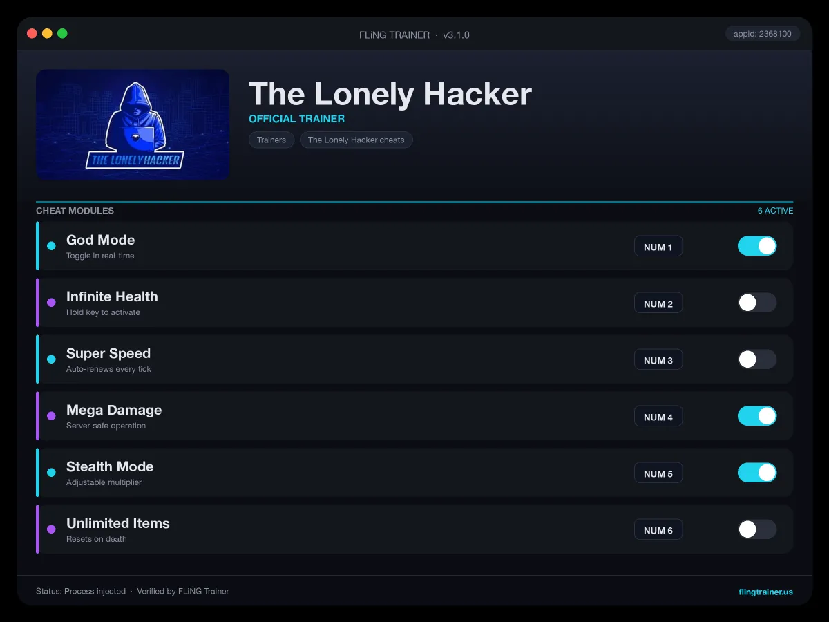 The Lonely Hacker Trainer interface