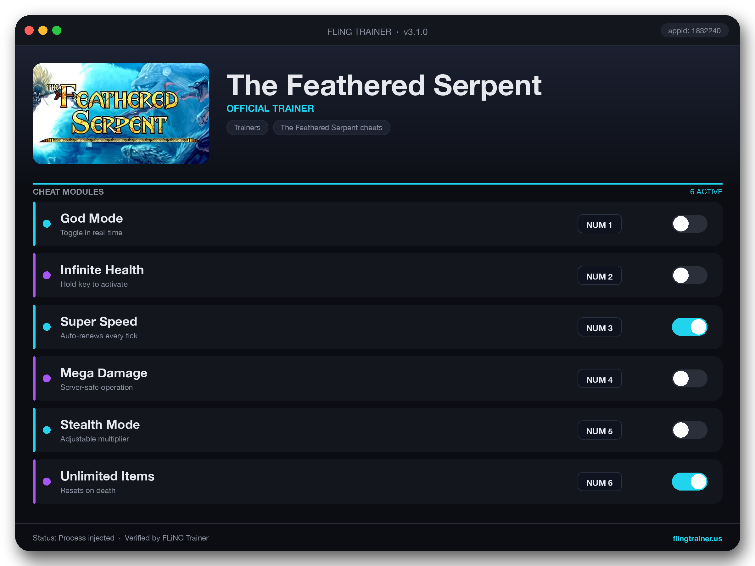 The Feathered Serpent Trainer interface