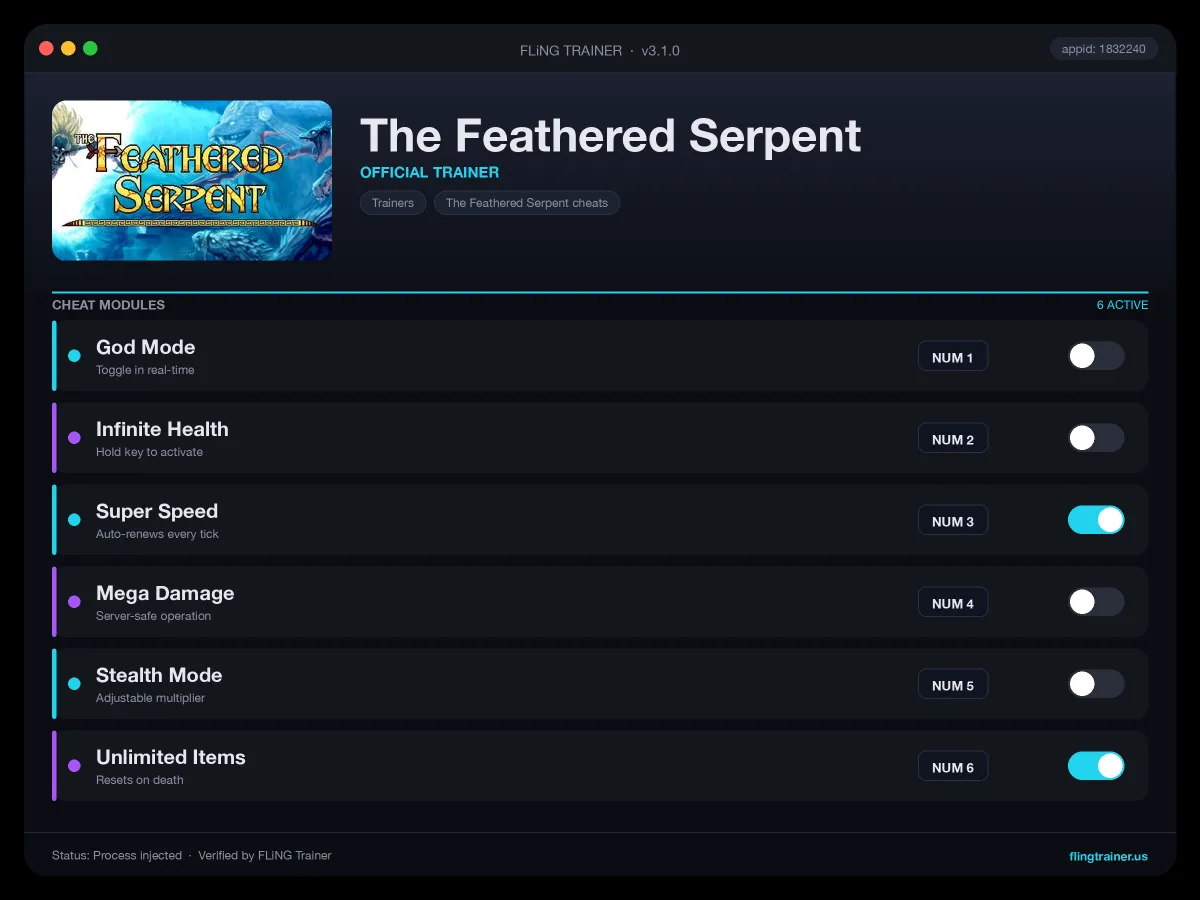 The Feathered Serpent Trainer interface