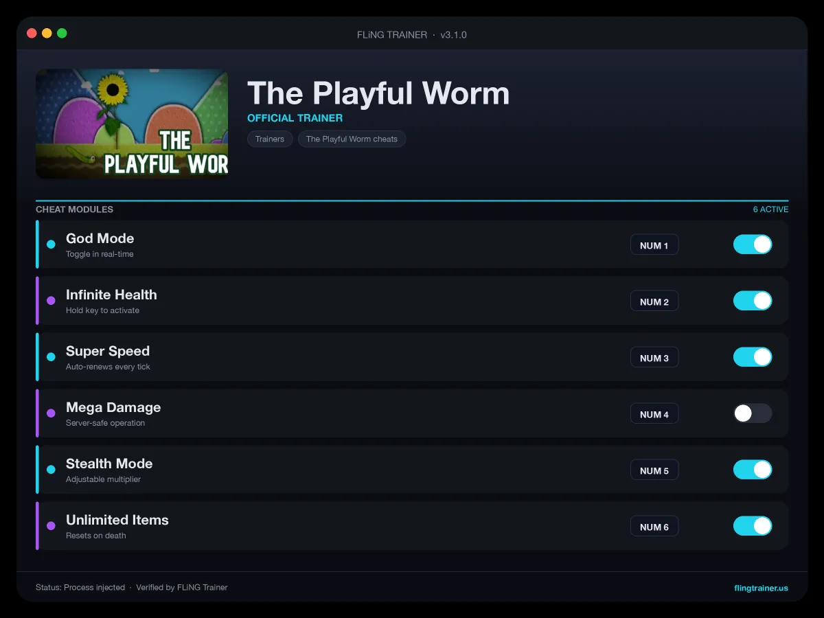The Playful Worm Trainer interface