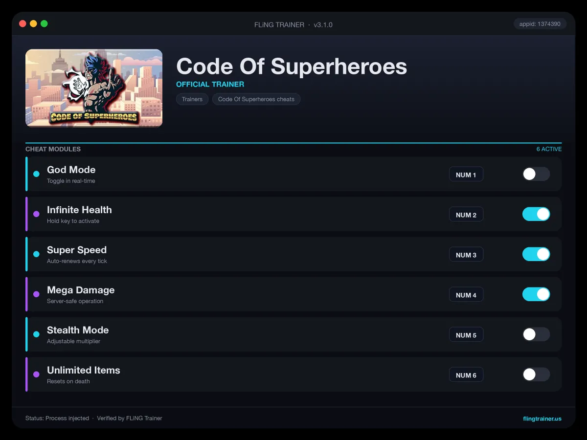 Code Of Superheroes Trainer interface