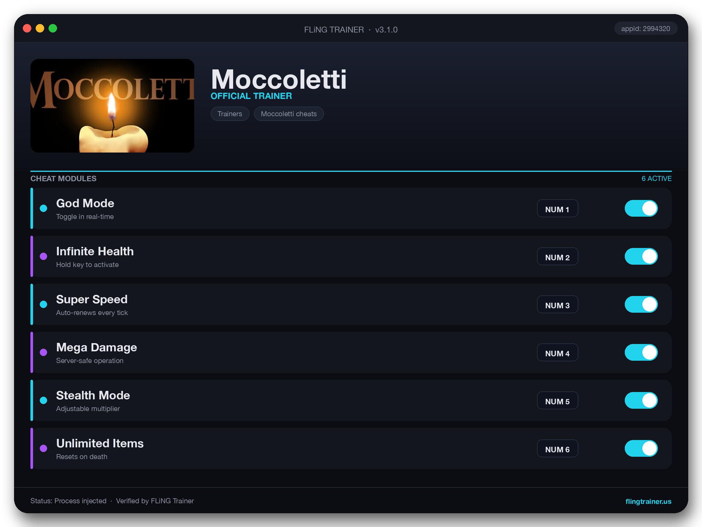 Moccoletti Trainer interface