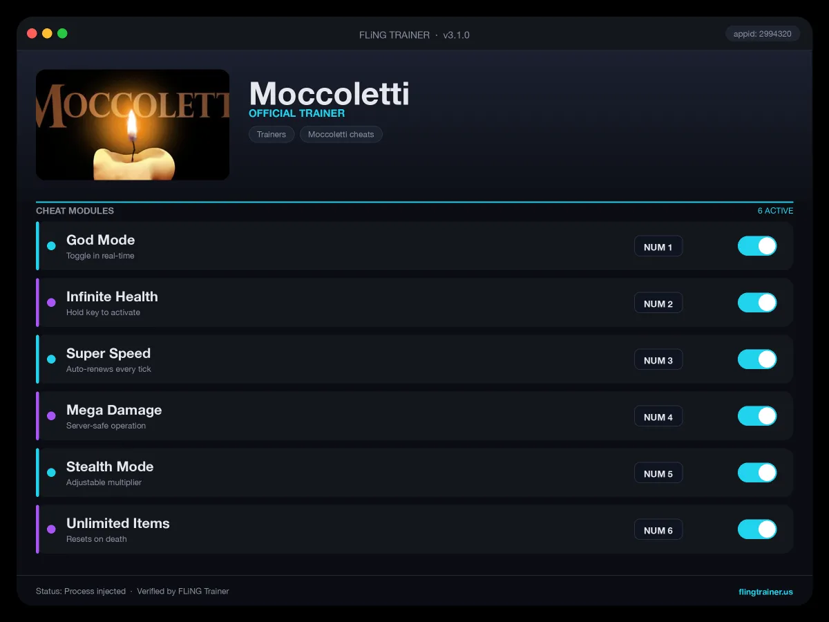 Moccoletti Trainer interface