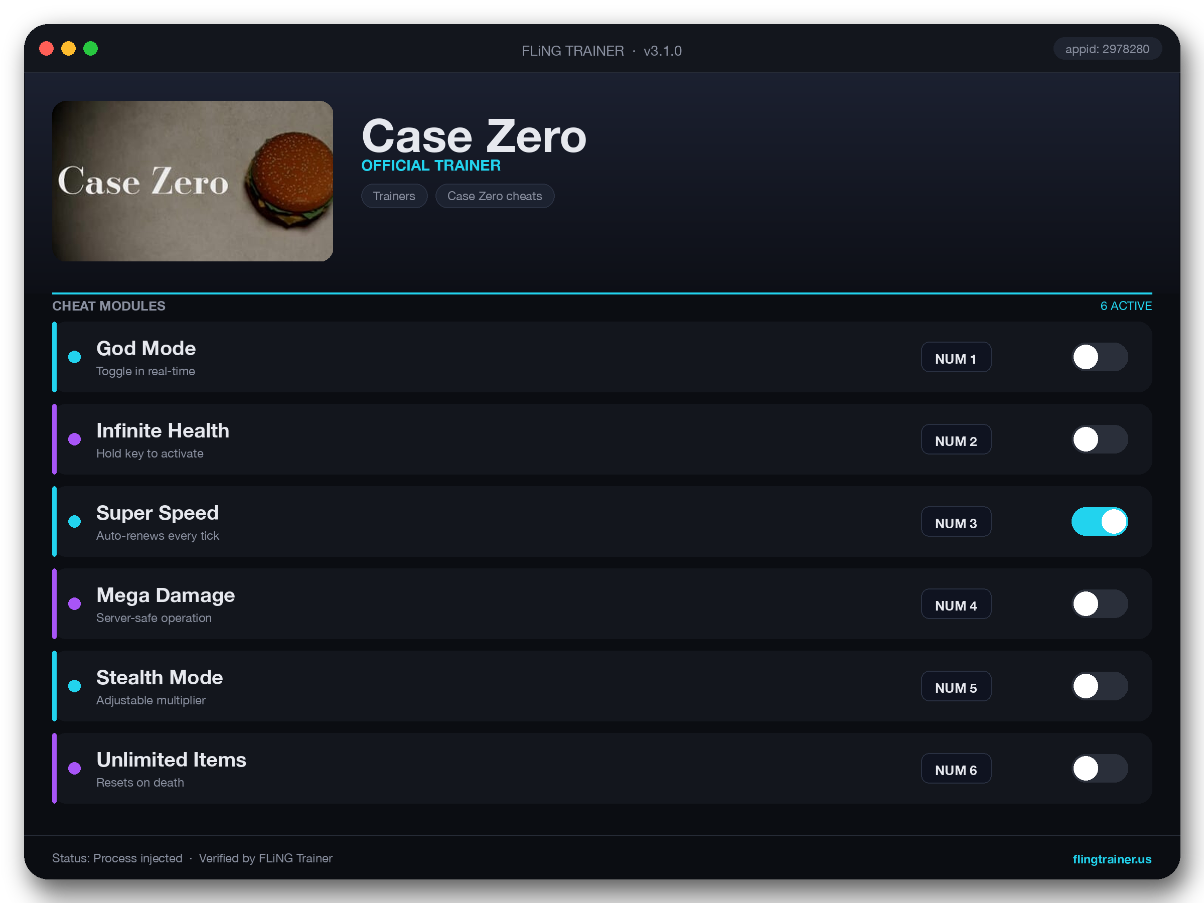 Case Zero Trainer interface