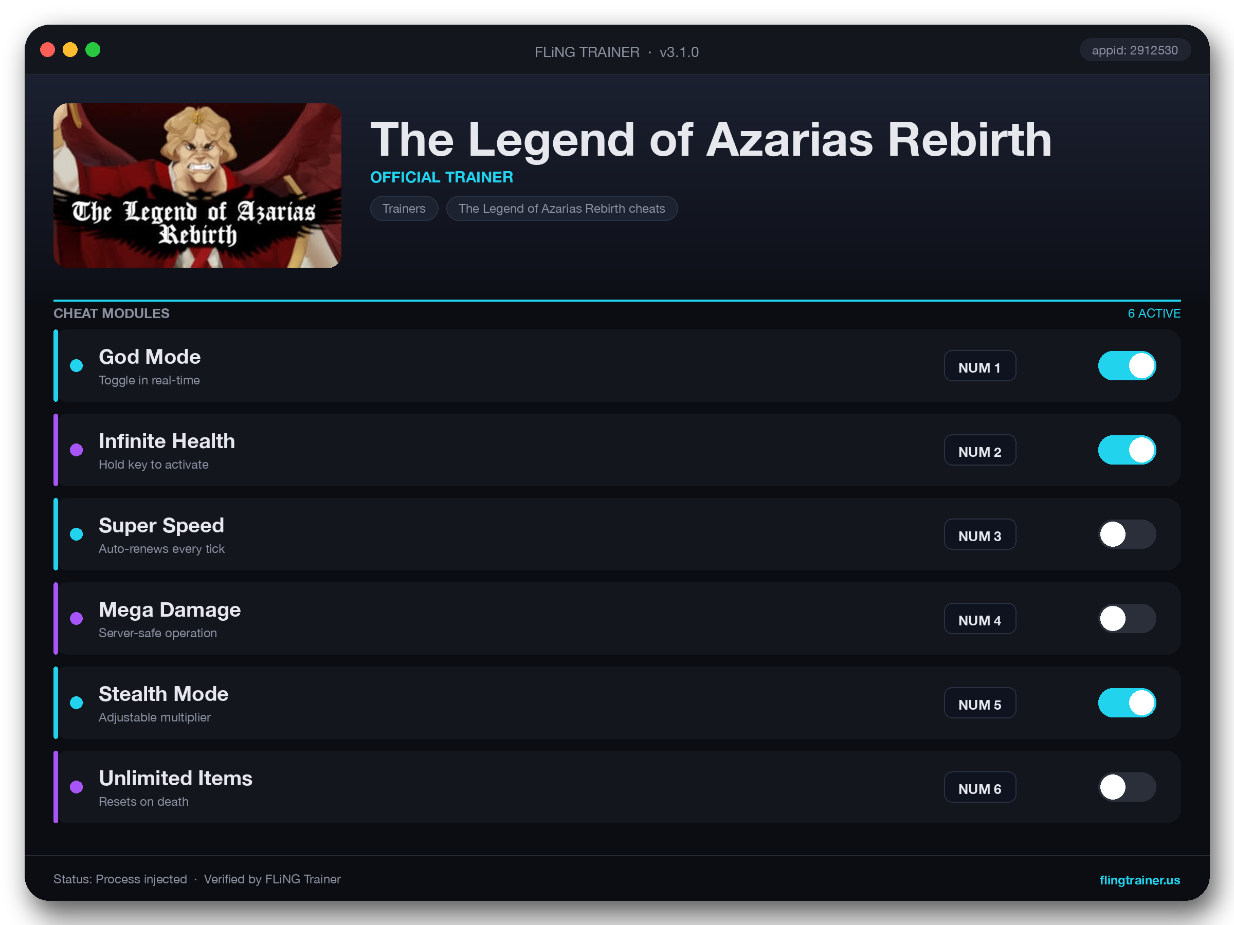 The Legend of Azarias Rebirth Trainer interface
