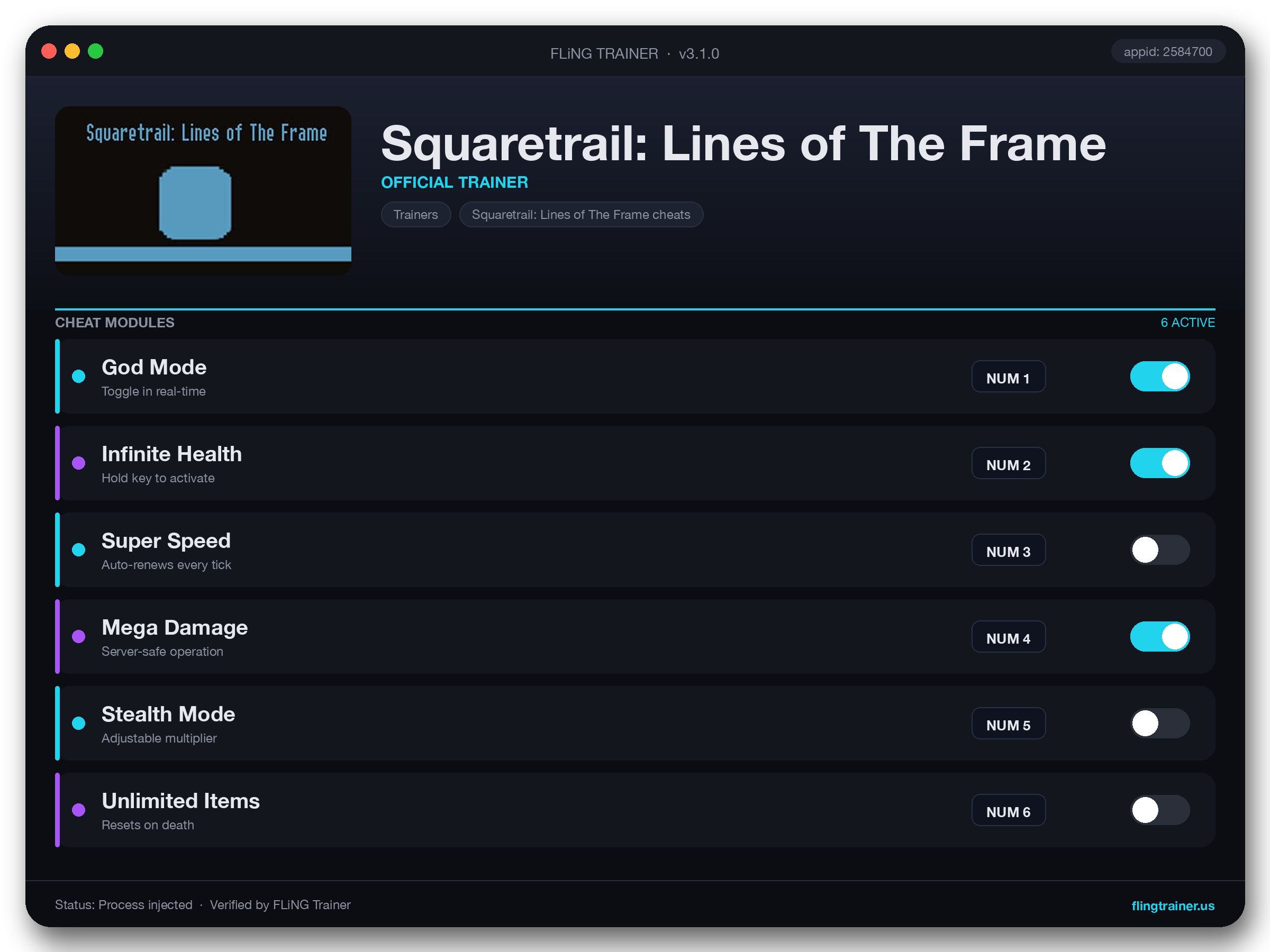 Squaretrail: Lines of The Frame Trainer interface