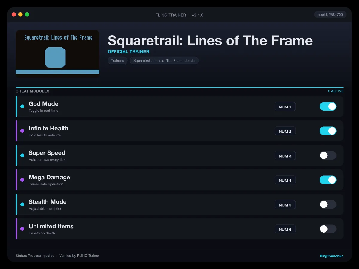 Squaretrail: Lines of The Frame Trainer interface
