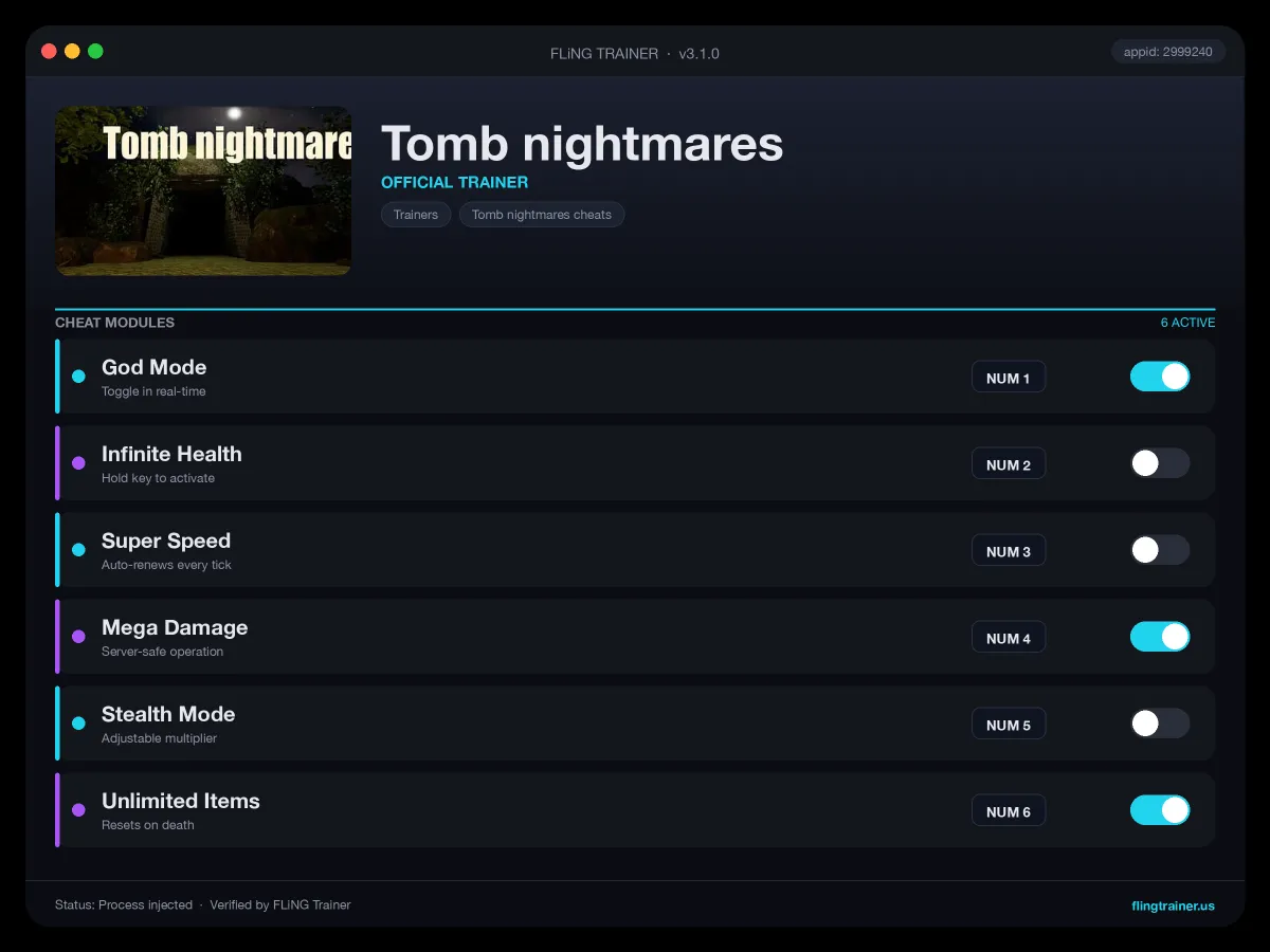 Tomb nightmares Trainer interface