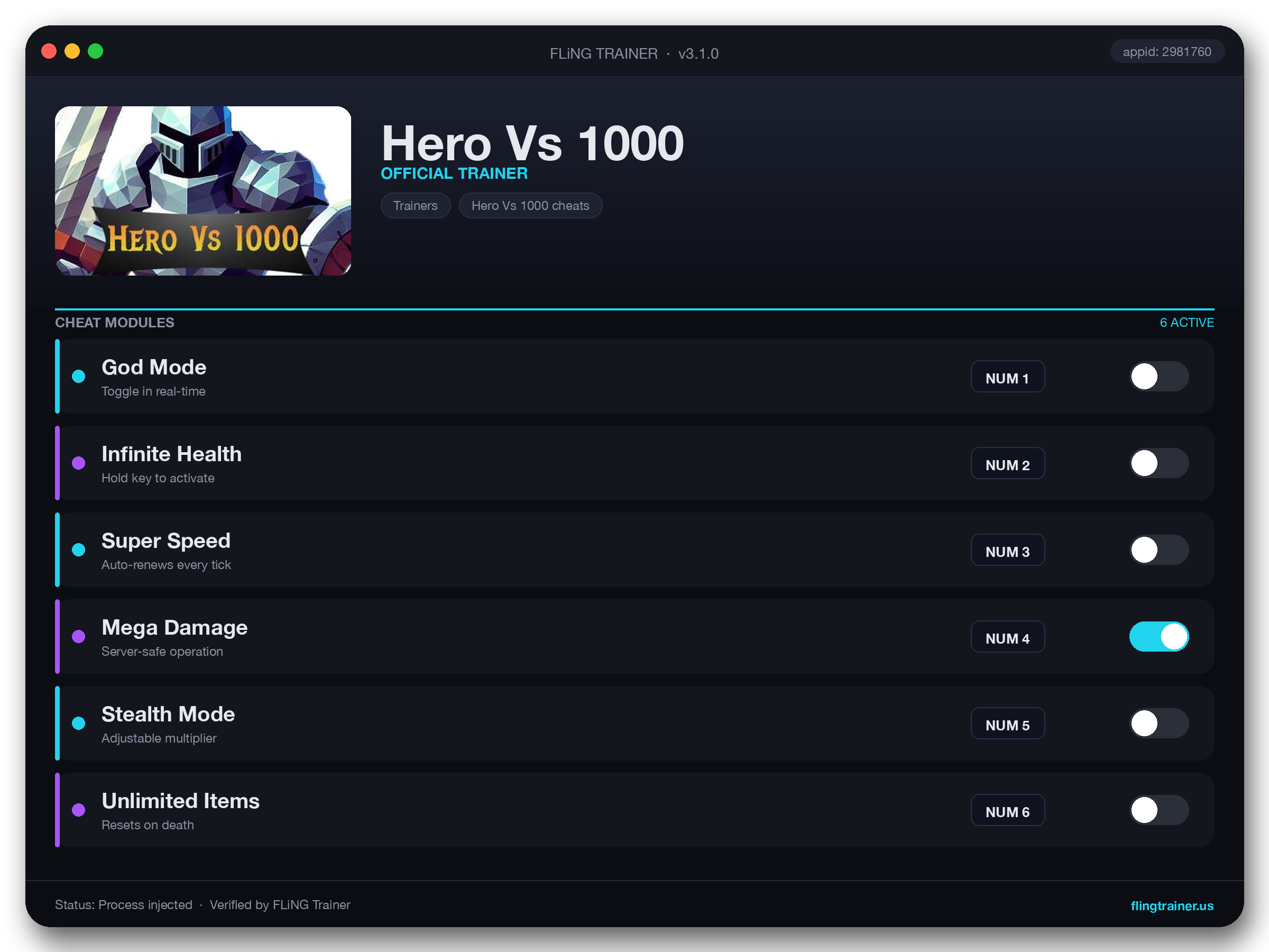 Hero Vs 1000 Trainer interface