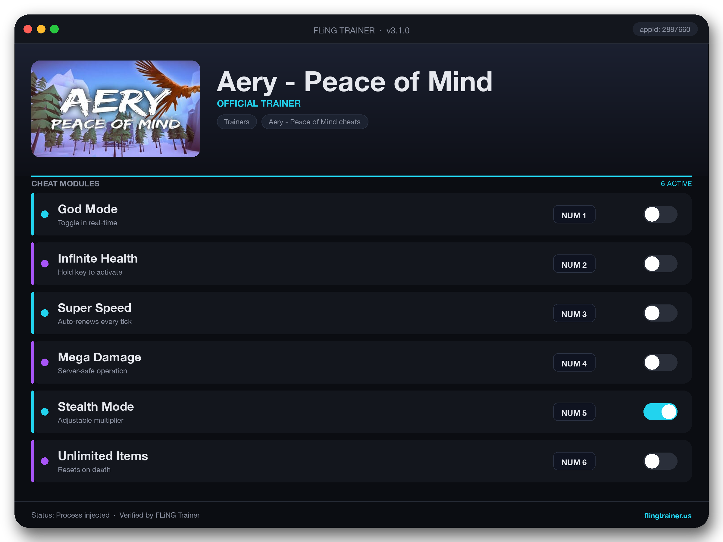Aery - Peace of Mind Trainer interface