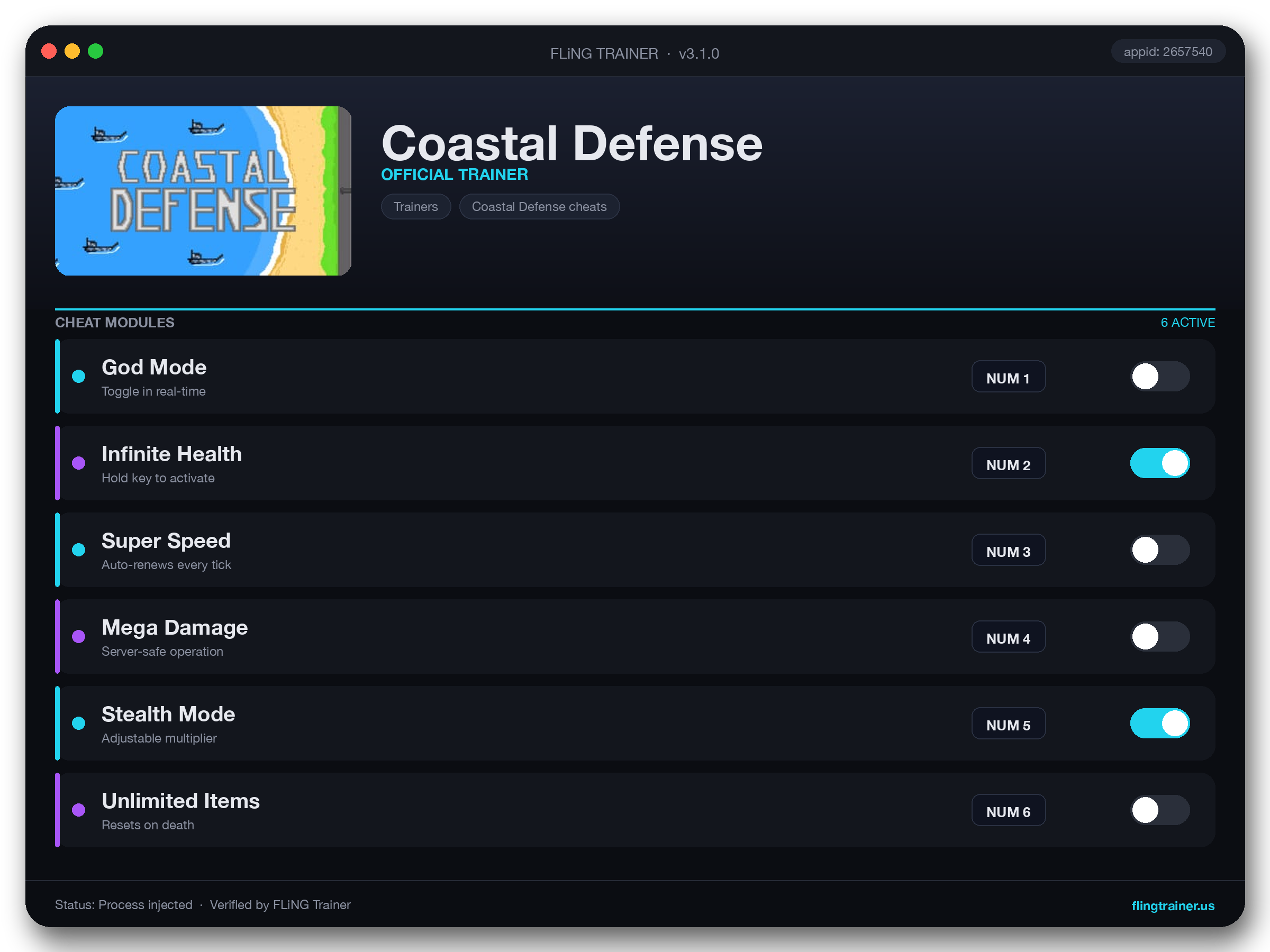 Coastal Defense Trainer interface