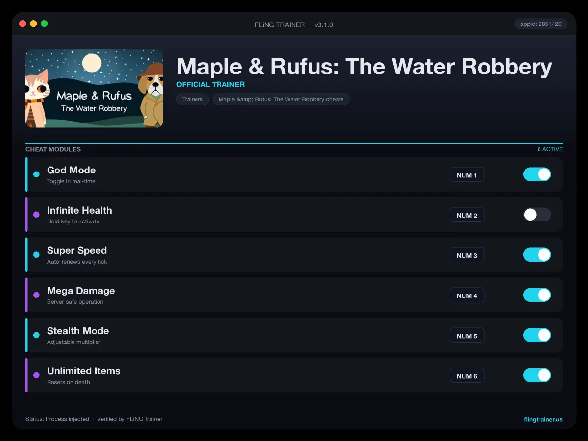 Maple & Rufus: The Water Robbery Trainer interface