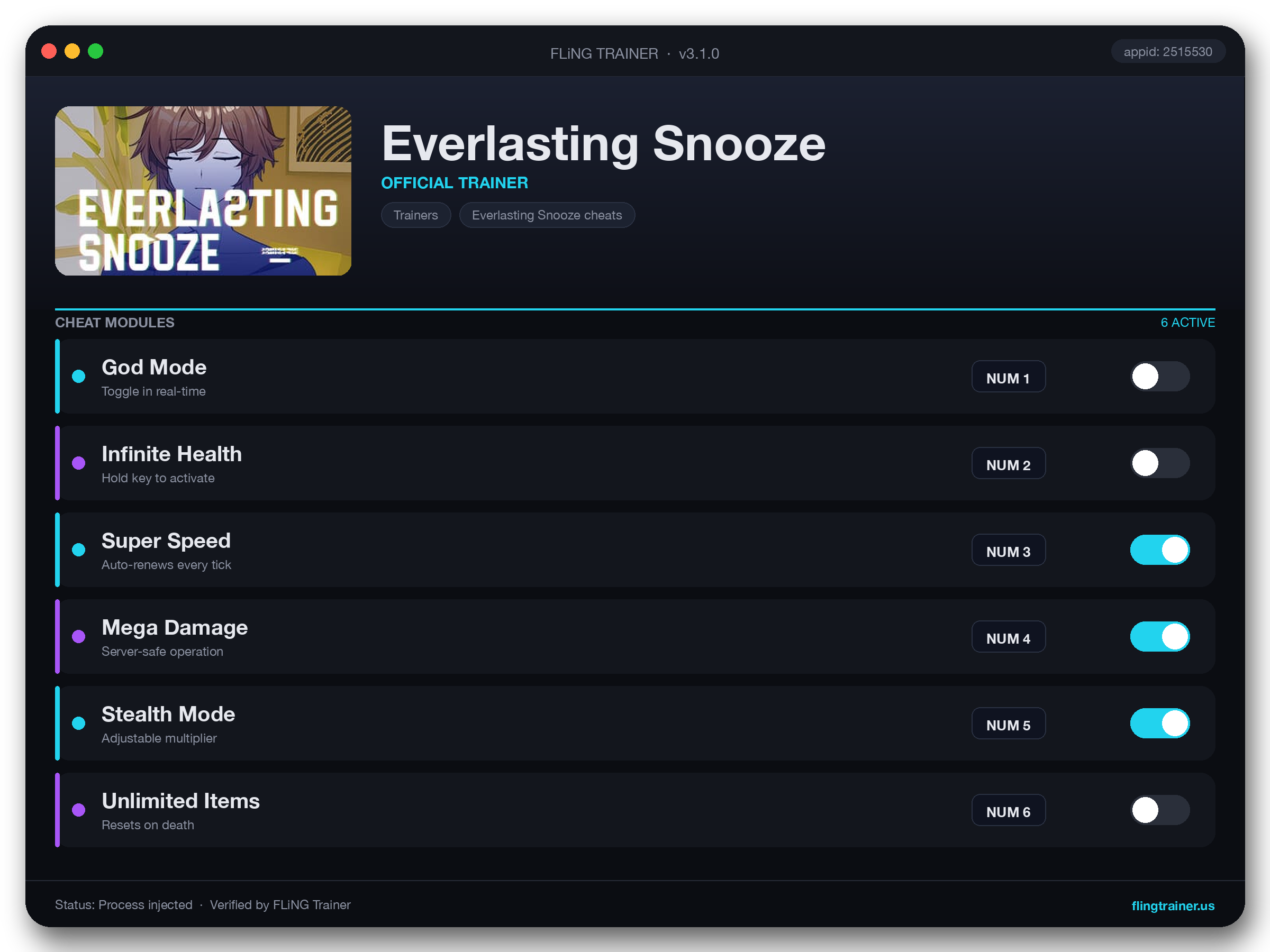 Everlasting Snooze Trainer interface