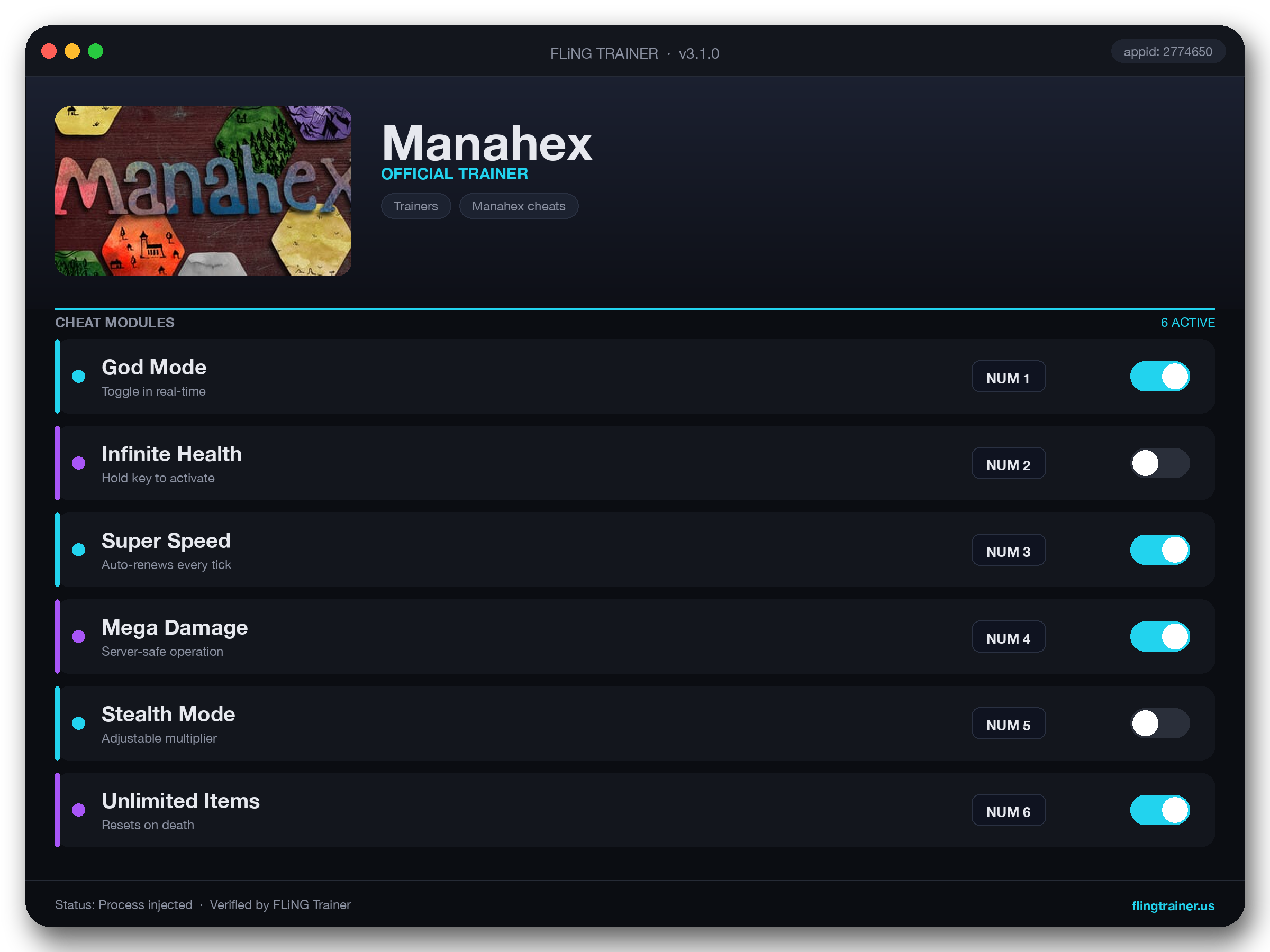 Manahex Trainer interface