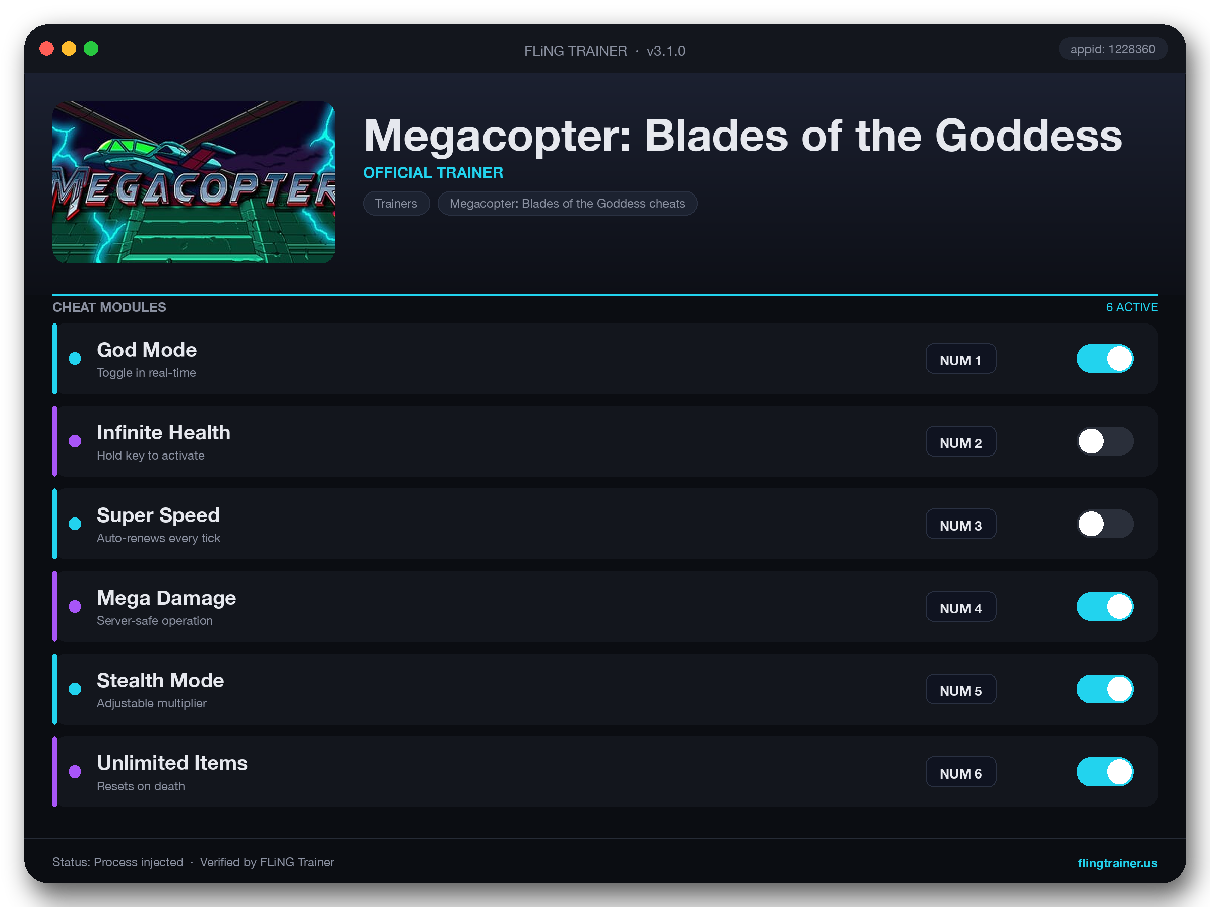 Megacopter: Blades of the Goddess Trainer interface