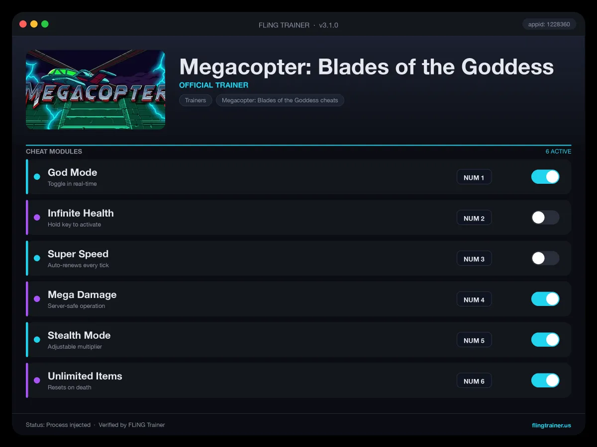 Megacopter: Blades of the Goddess Trainer interface