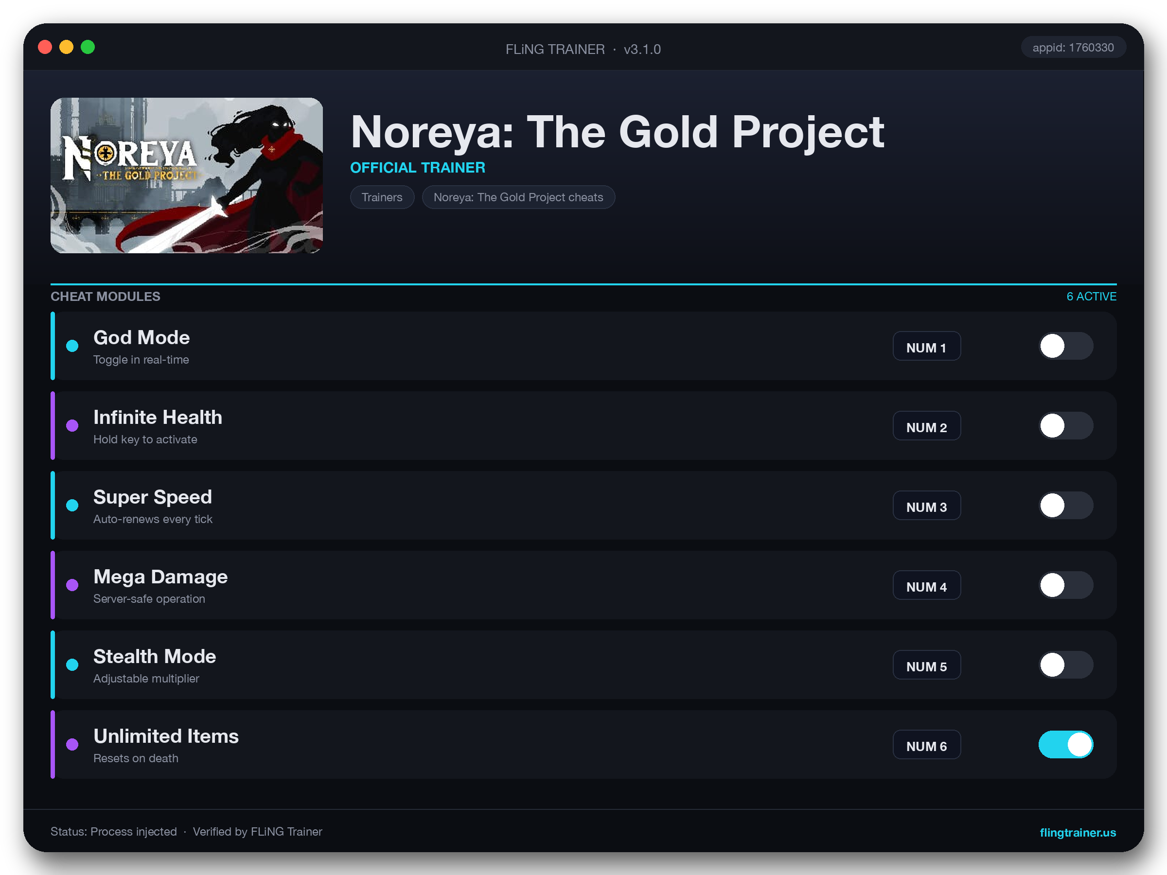 Noreya: The Gold Project Trainer interface