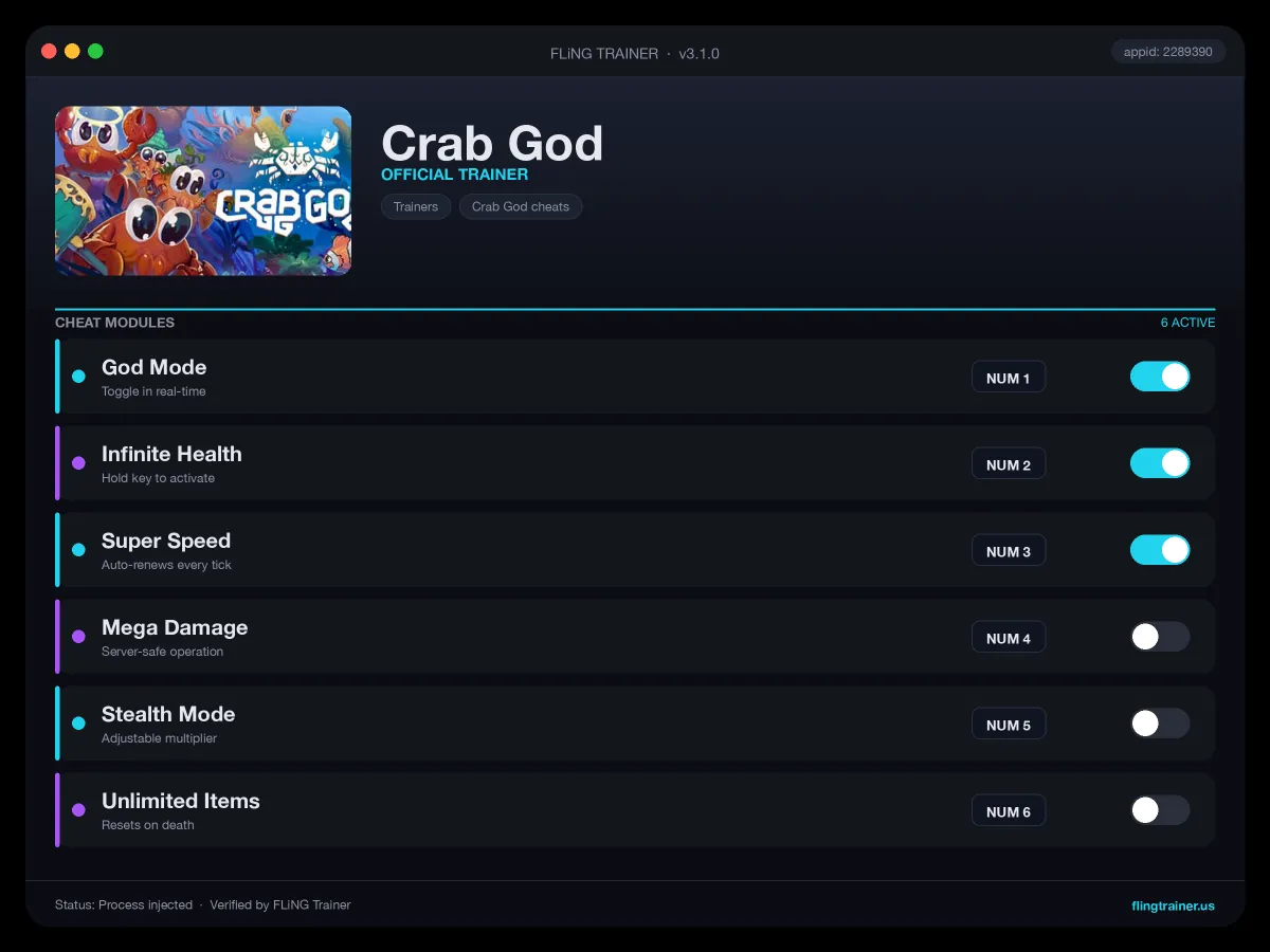 Crab God Trainer interface