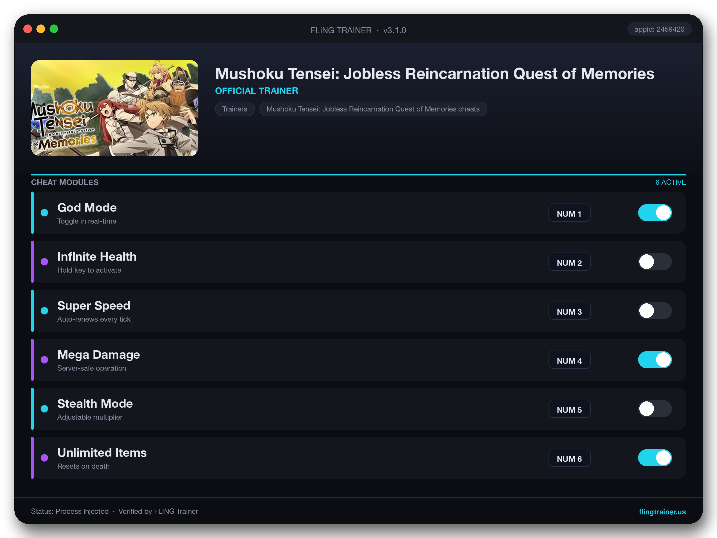 Mushoku Tensei: Jobless Reincarnation Quest of Memories Trainer interface