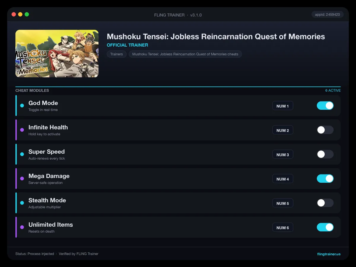 Mushoku Tensei: Jobless Reincarnation Quest of Memories Trainer interface