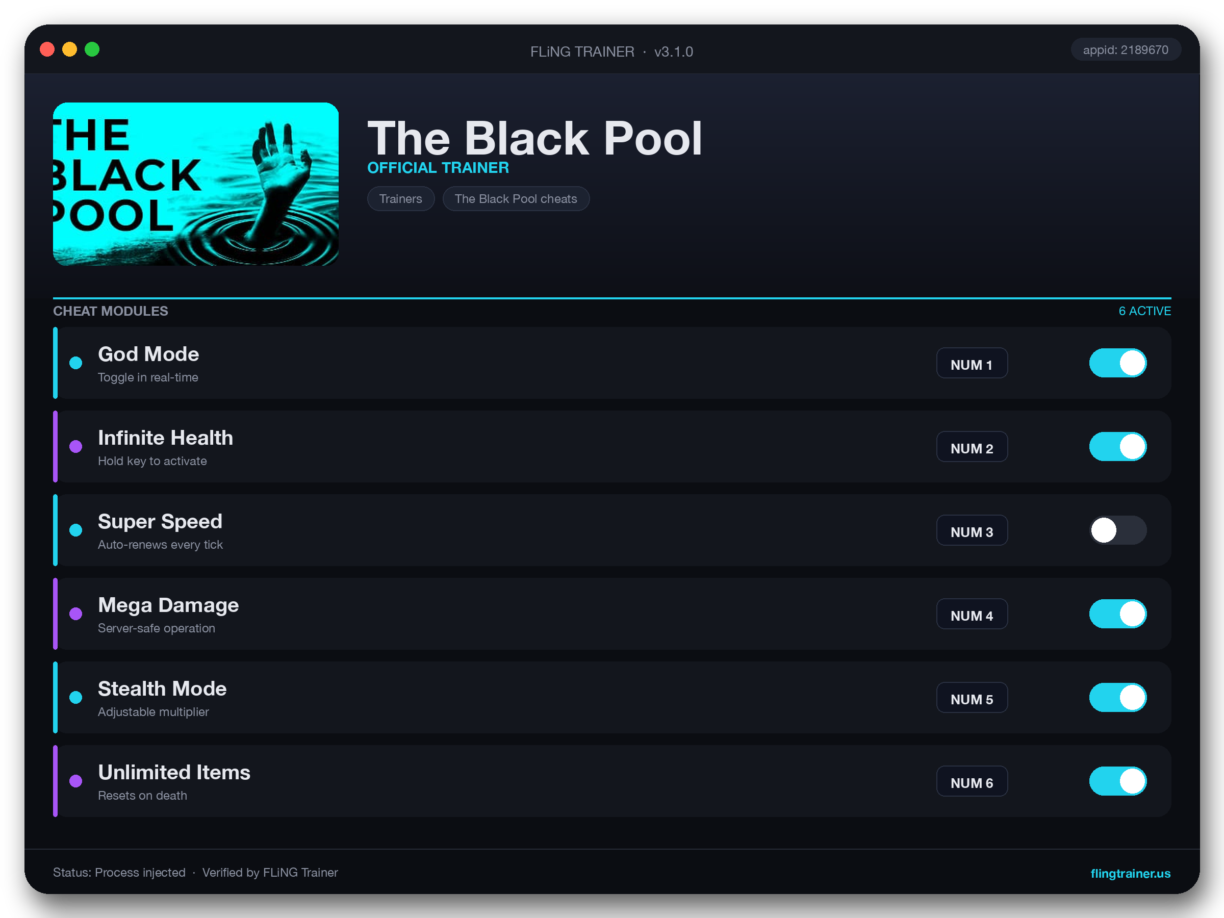 The Black Pool Trainer interface