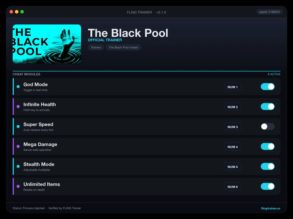 The Black Pool Trainer interface