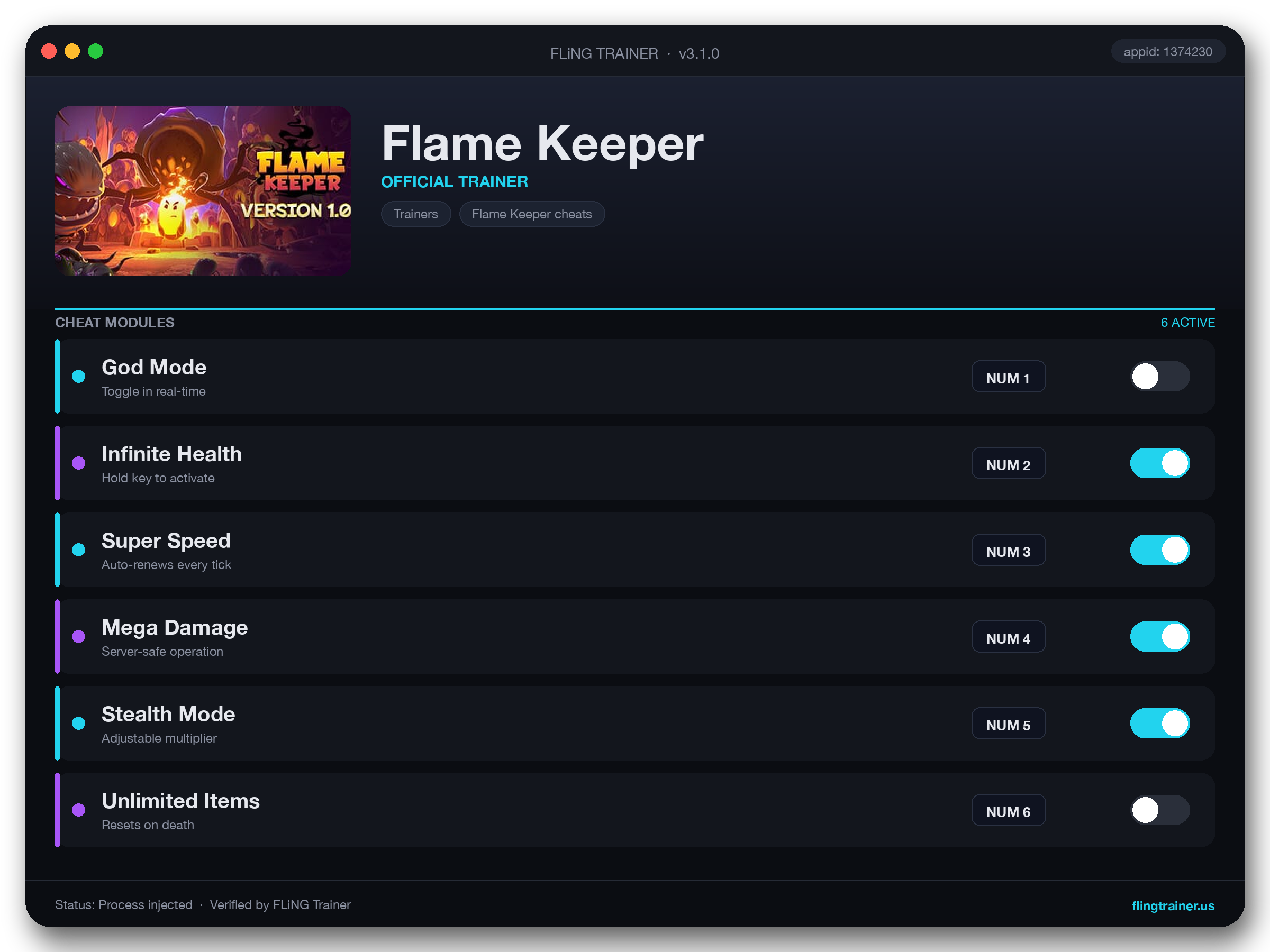 Flame Keeper Trainer interface