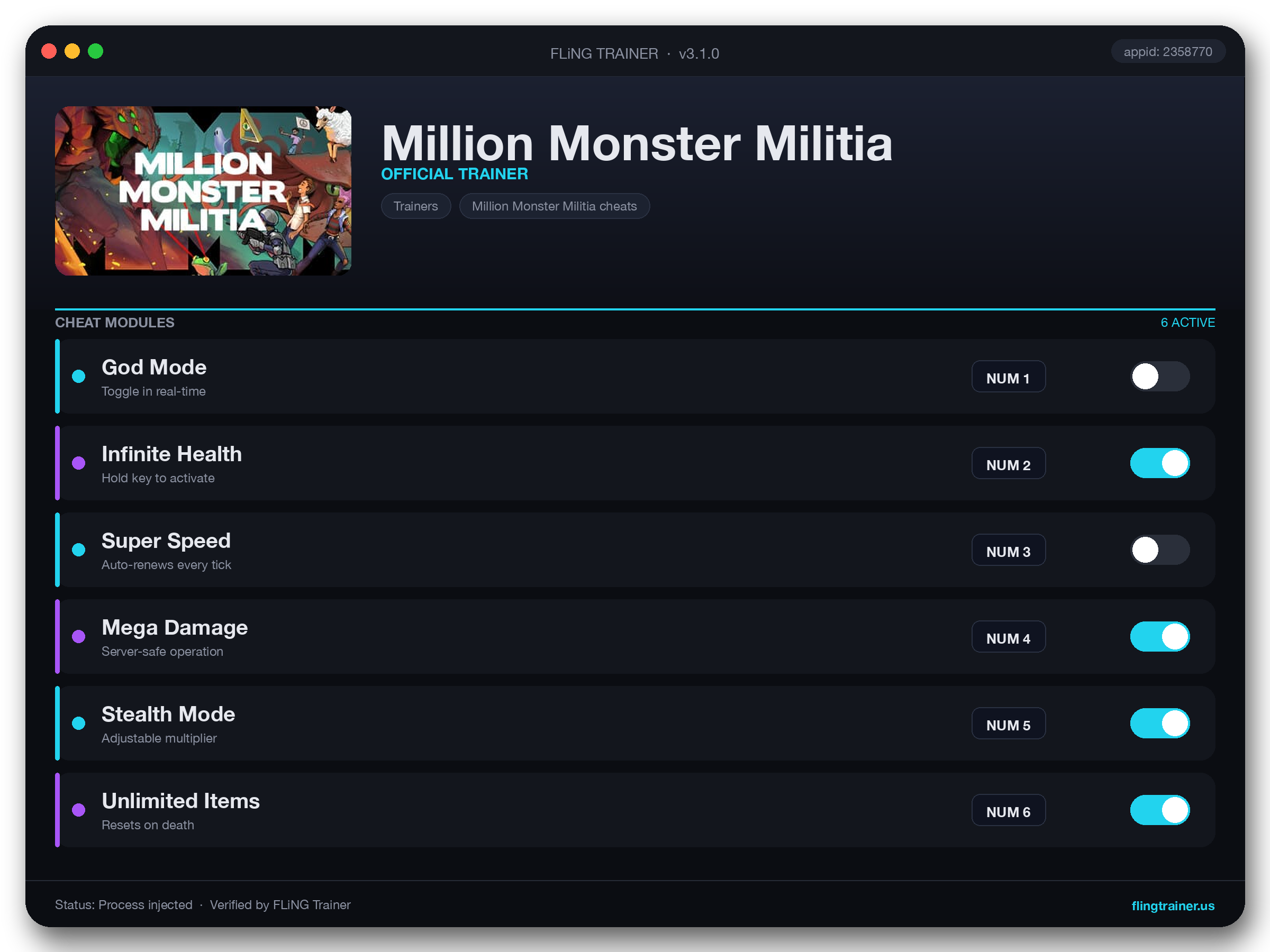Million Monster Militia Trainer interface