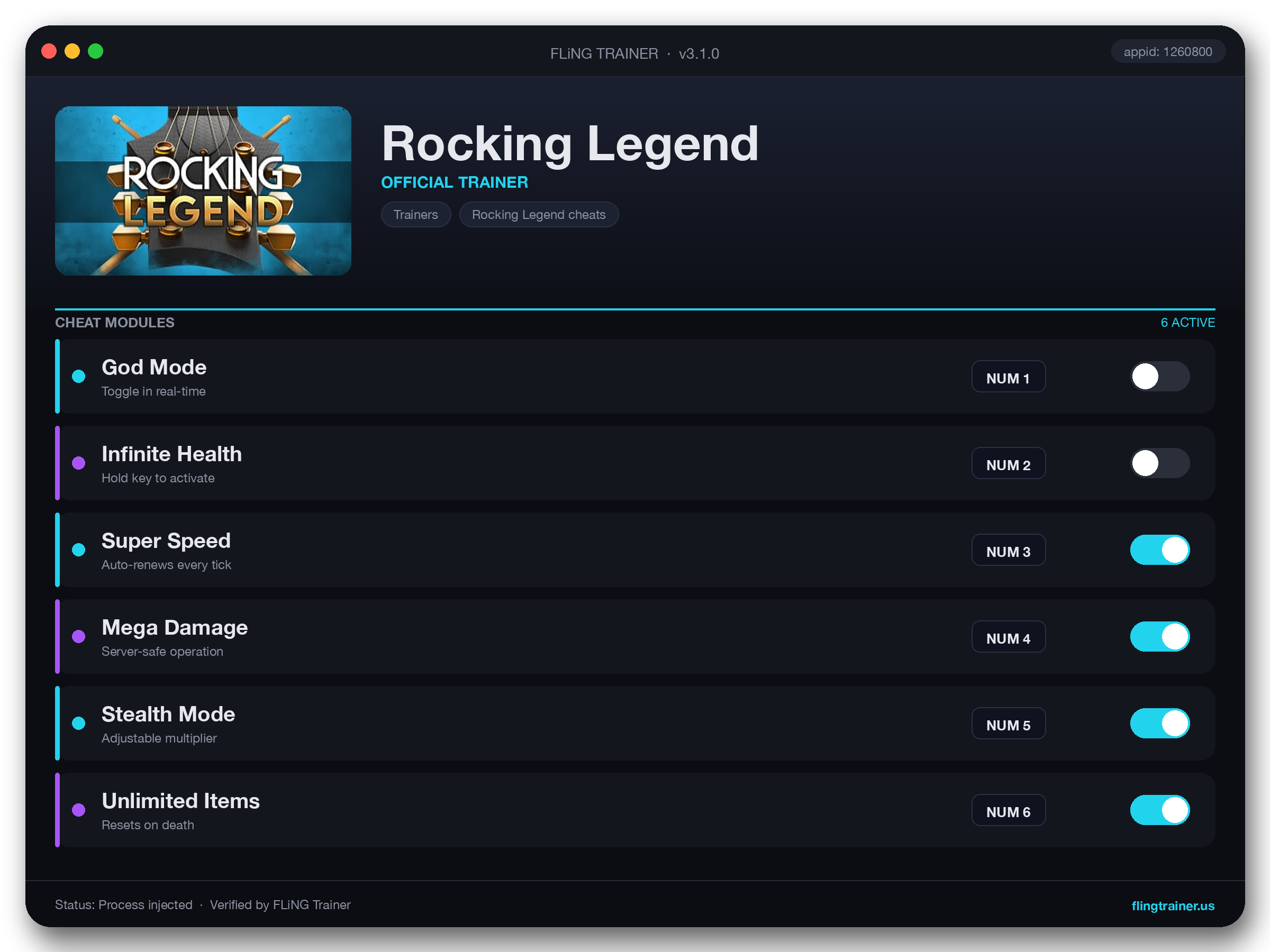 Rocking Legend Trainer interface
