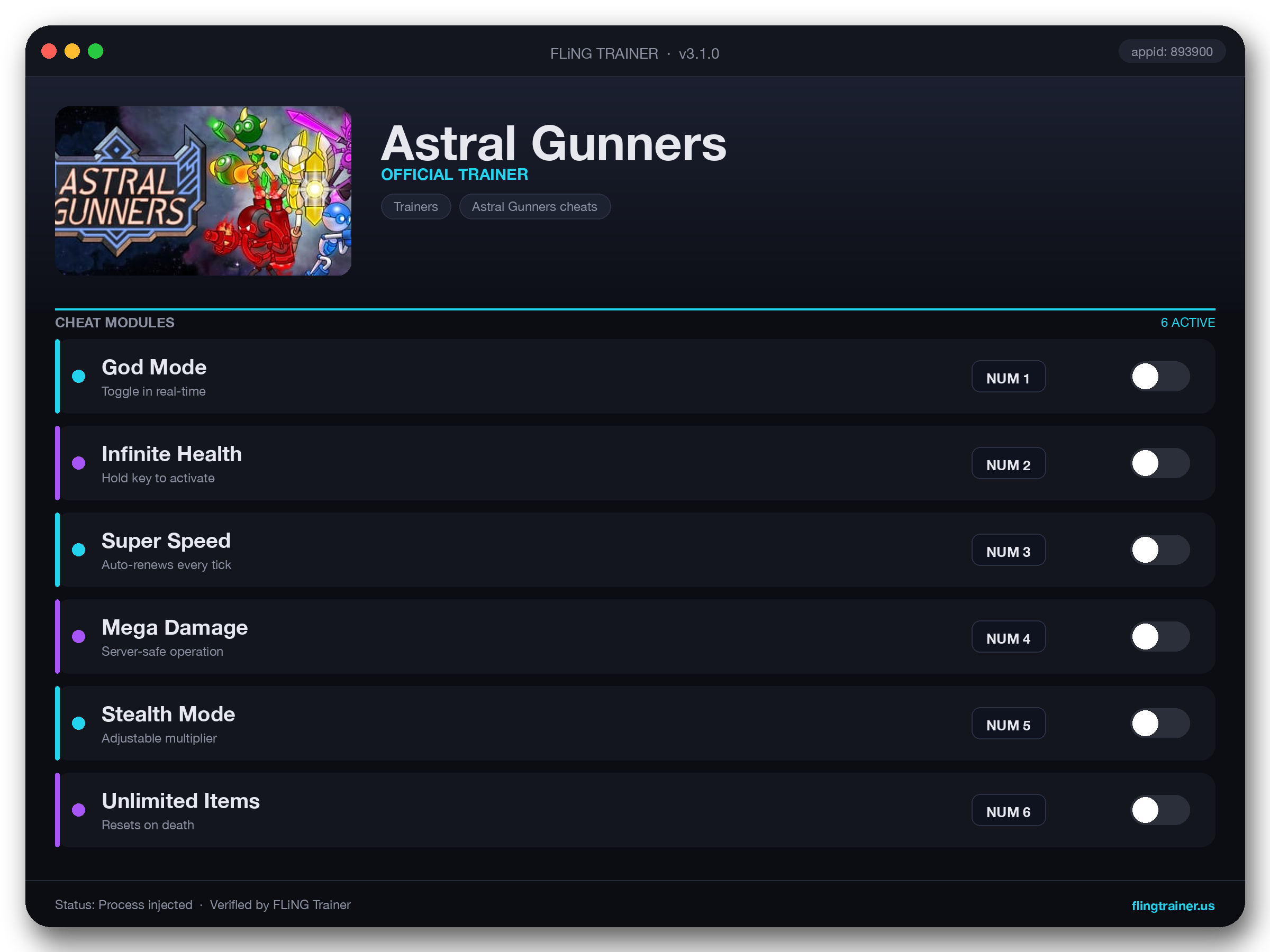 Astral Gunners Trainer interface