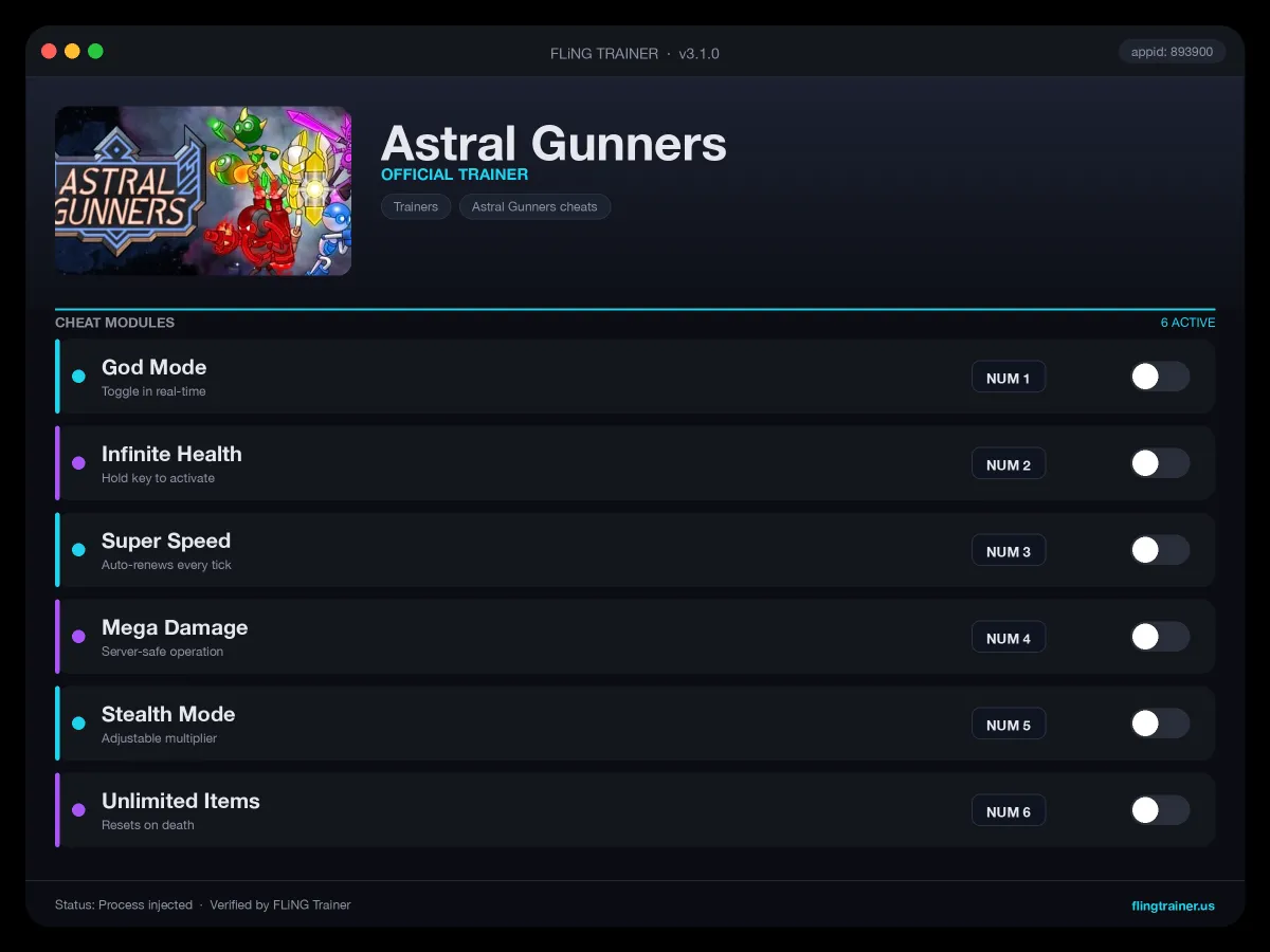 Astral Gunners Trainer interface