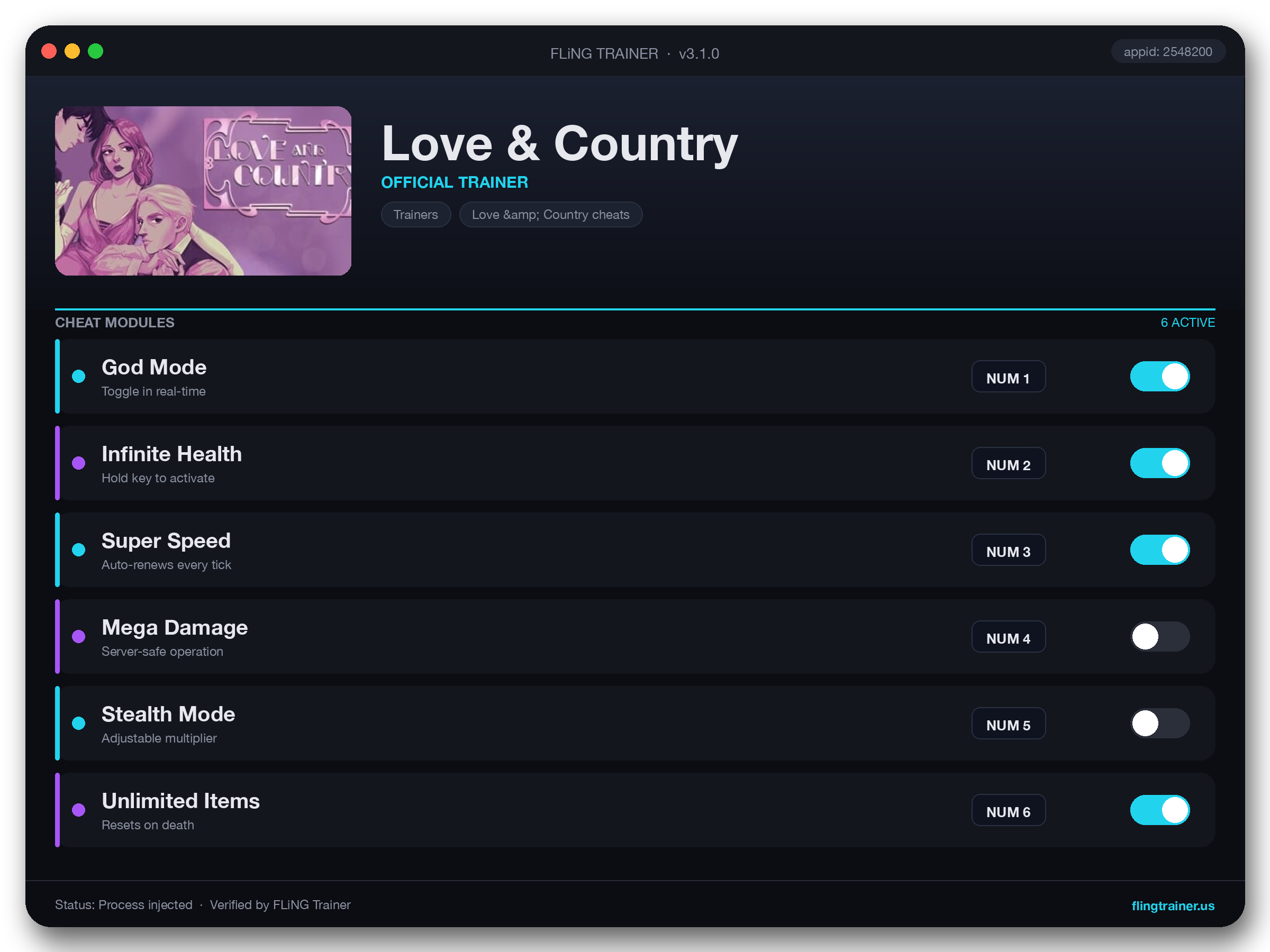 Love & Country Trainer interface