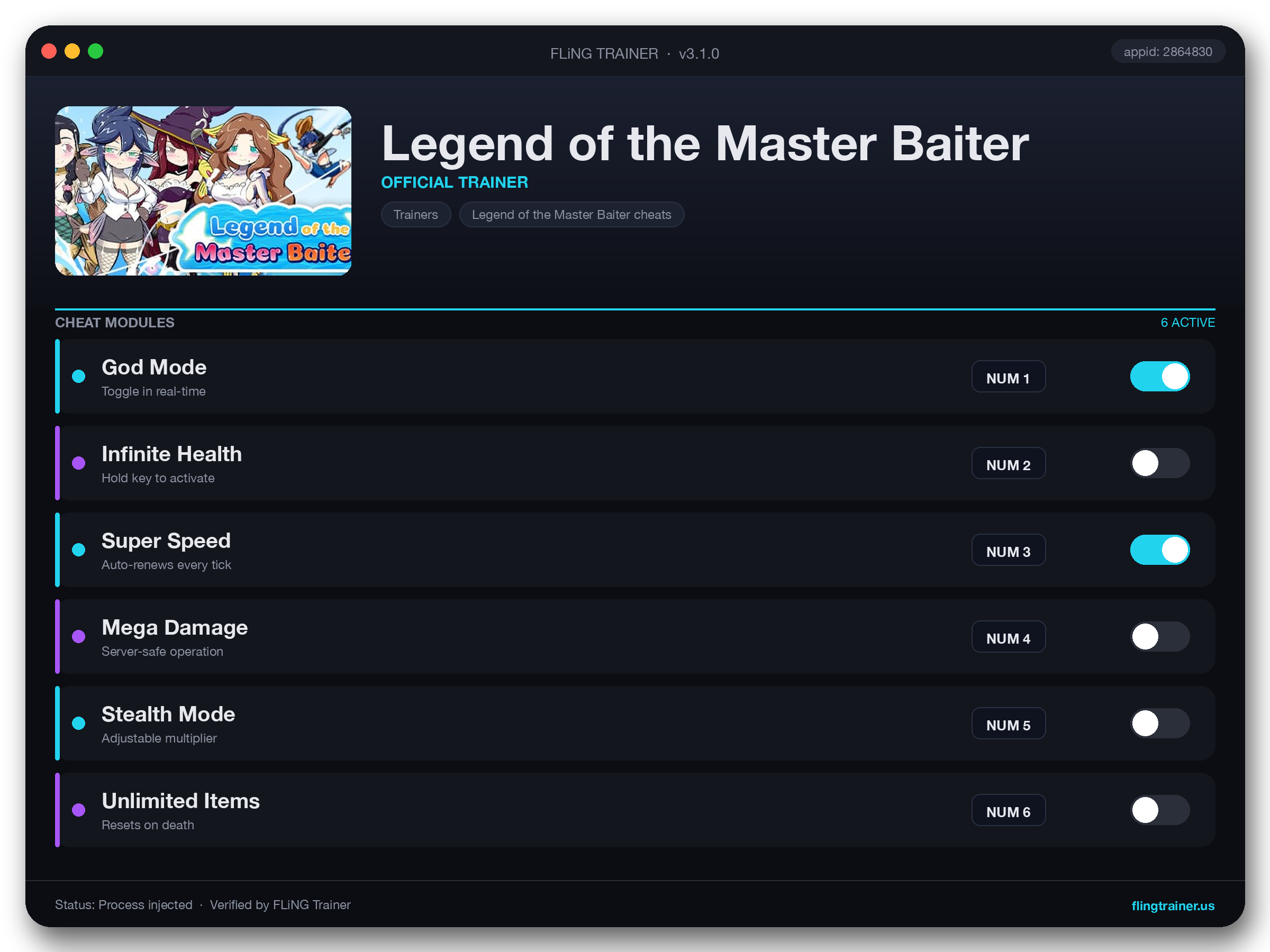 Legend of the Master Baiter Trainer interface