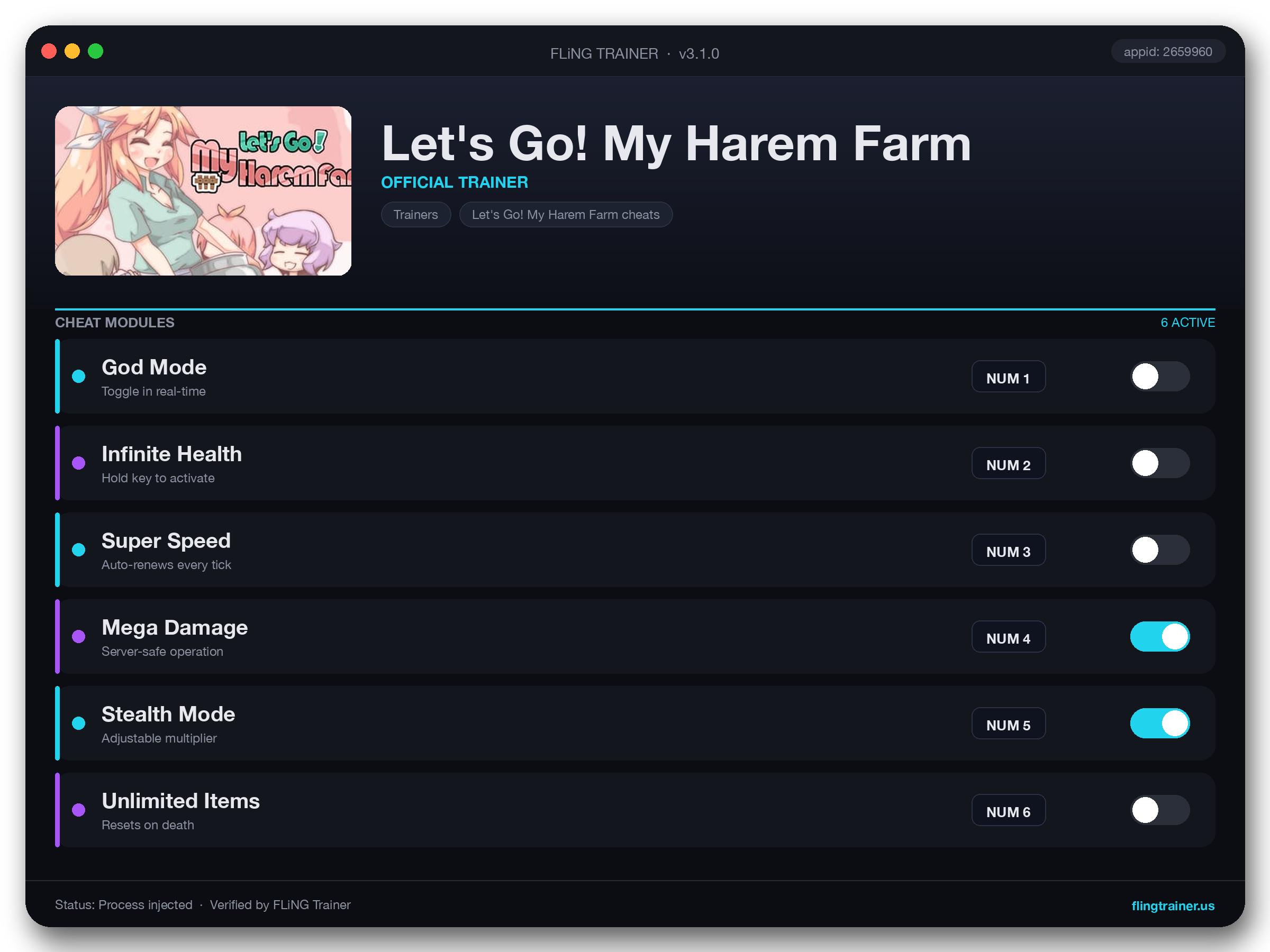 Let's Go! My Harem Farm Trainer interface
