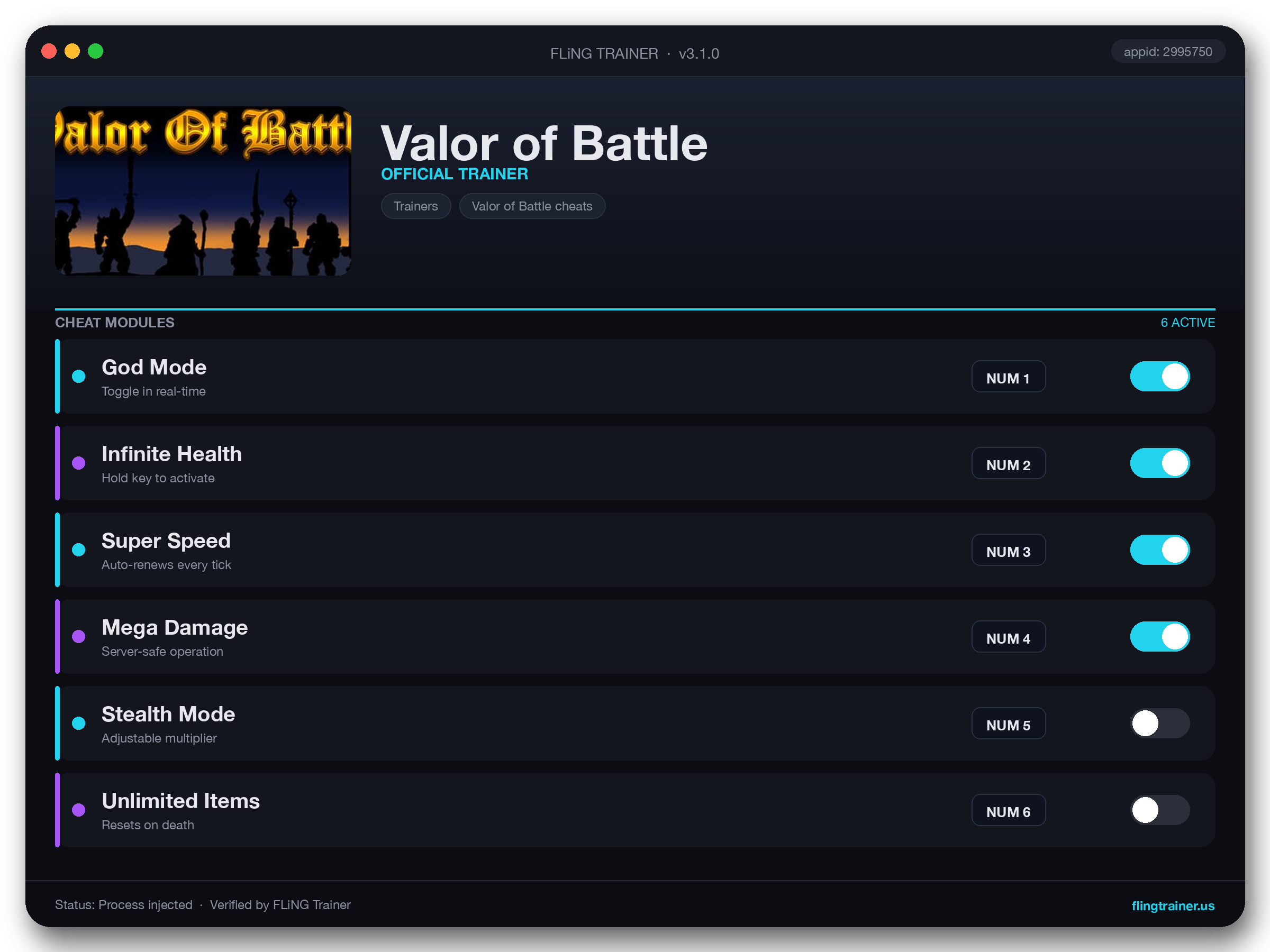 Valor of Battle Trainer interface
