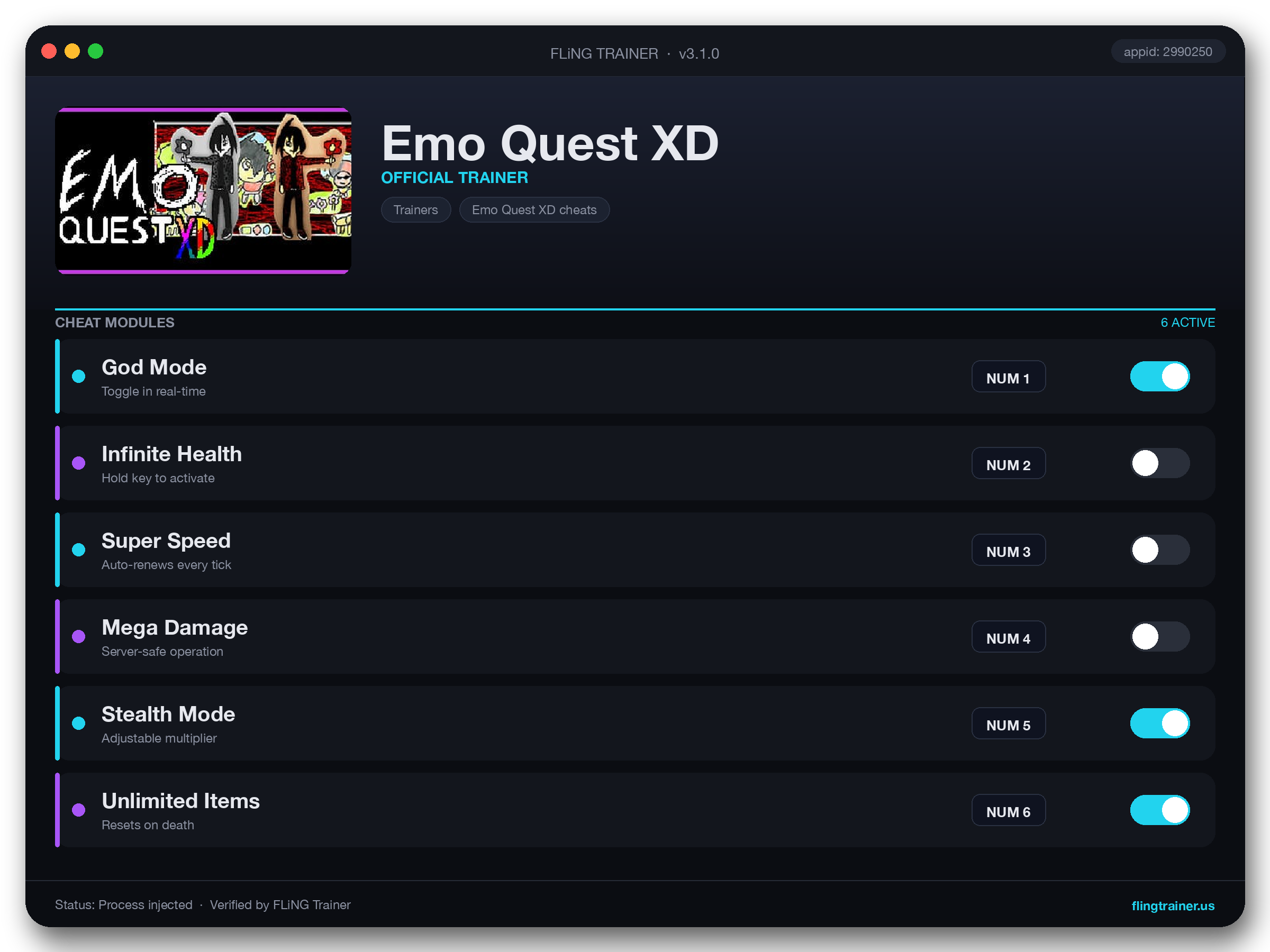 Emo Quest XD Trainer interface