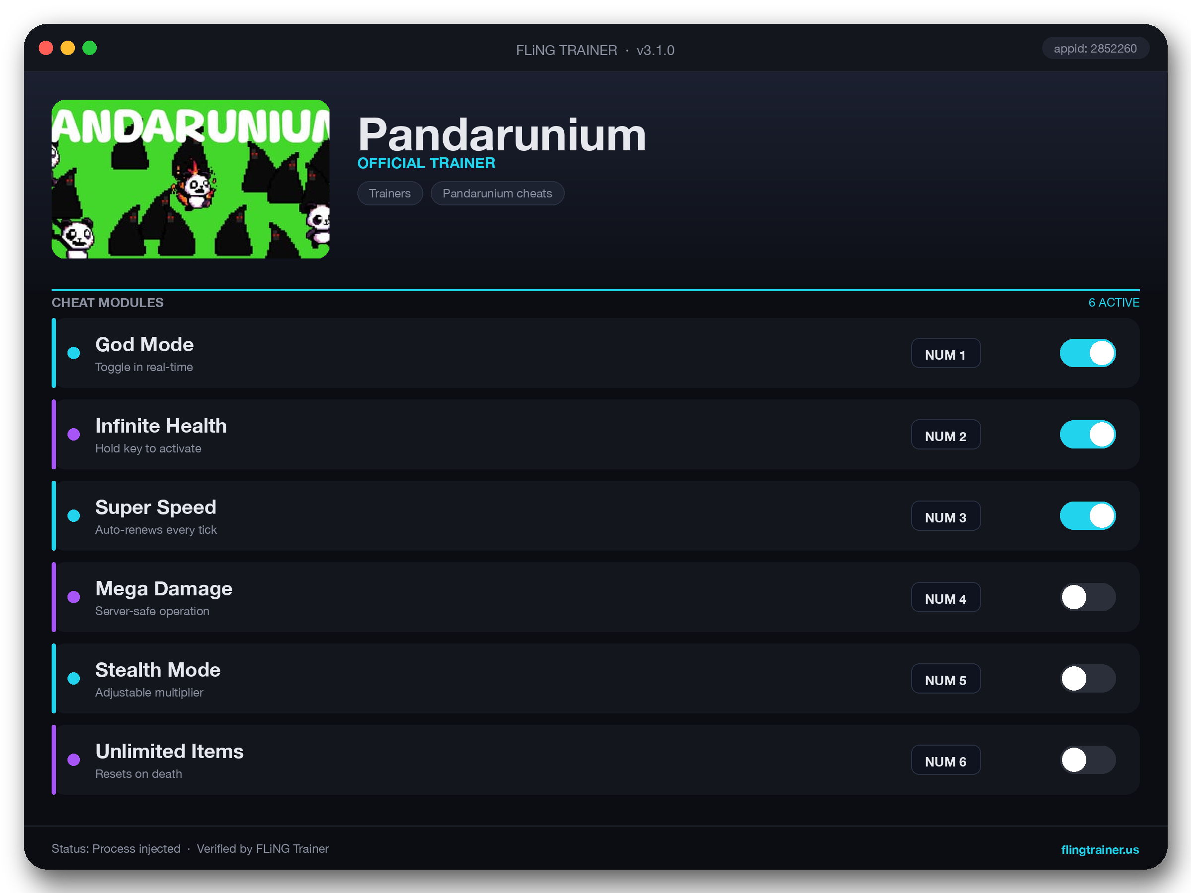 Pandarunium Trainer interface