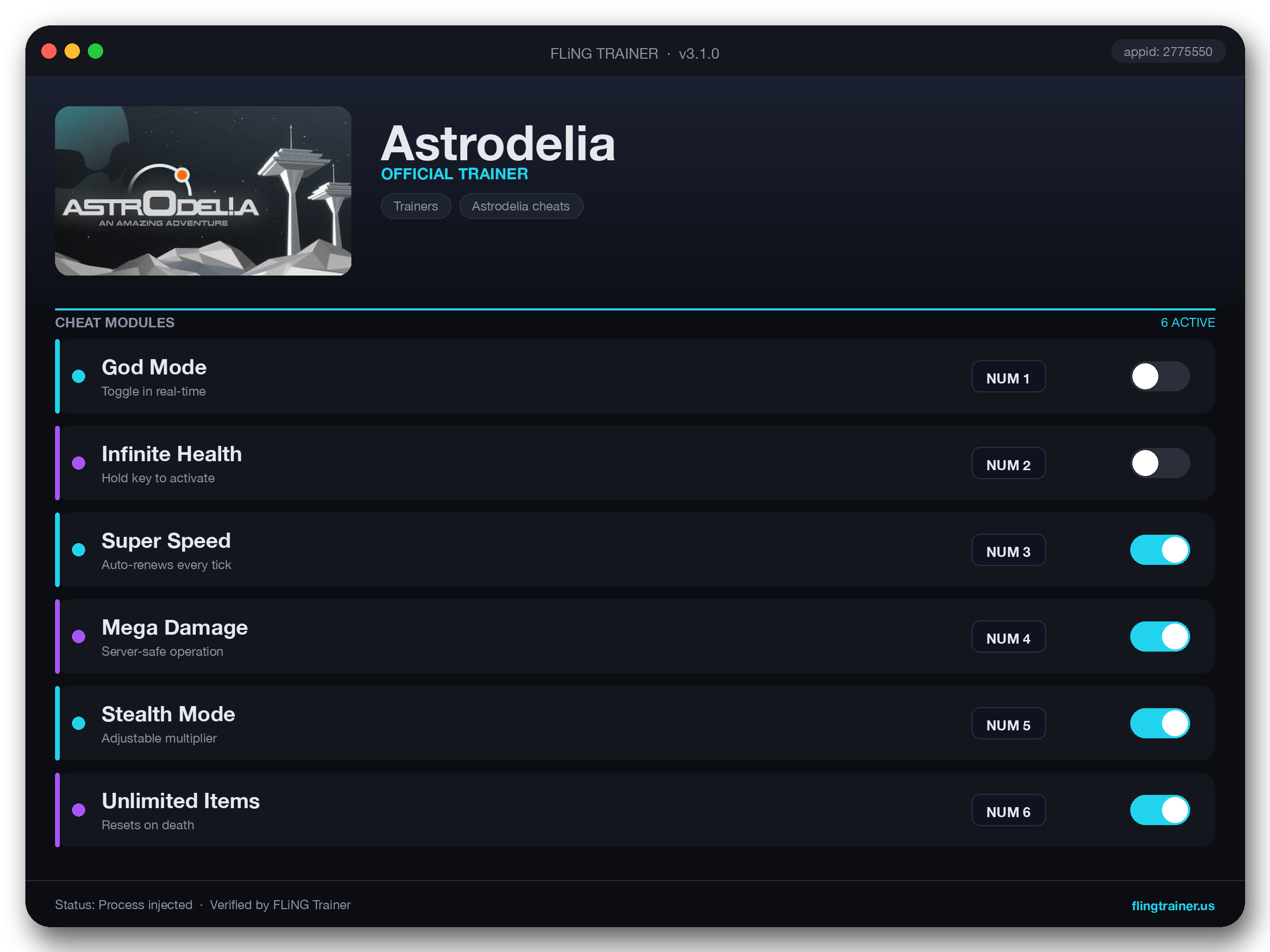 Astrodelia Trainer interface