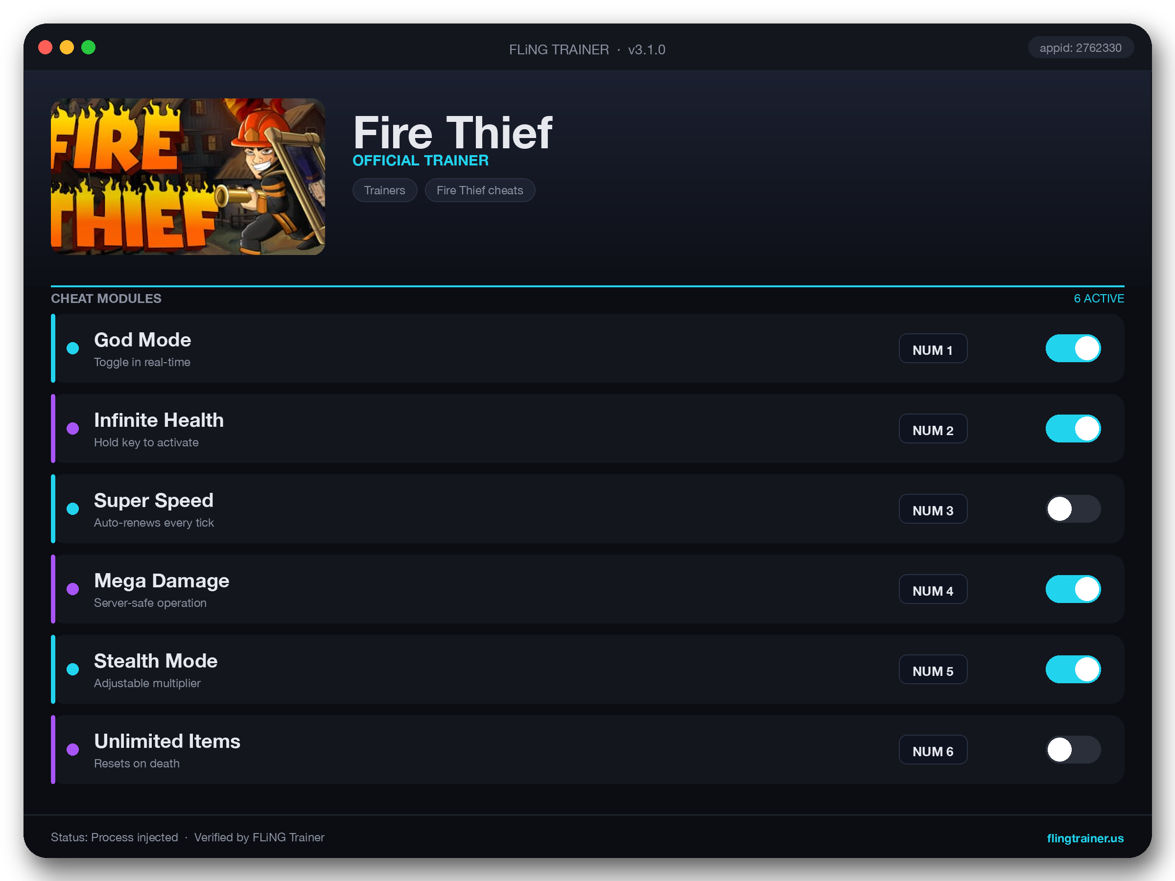 Fire Thief Trainer interface