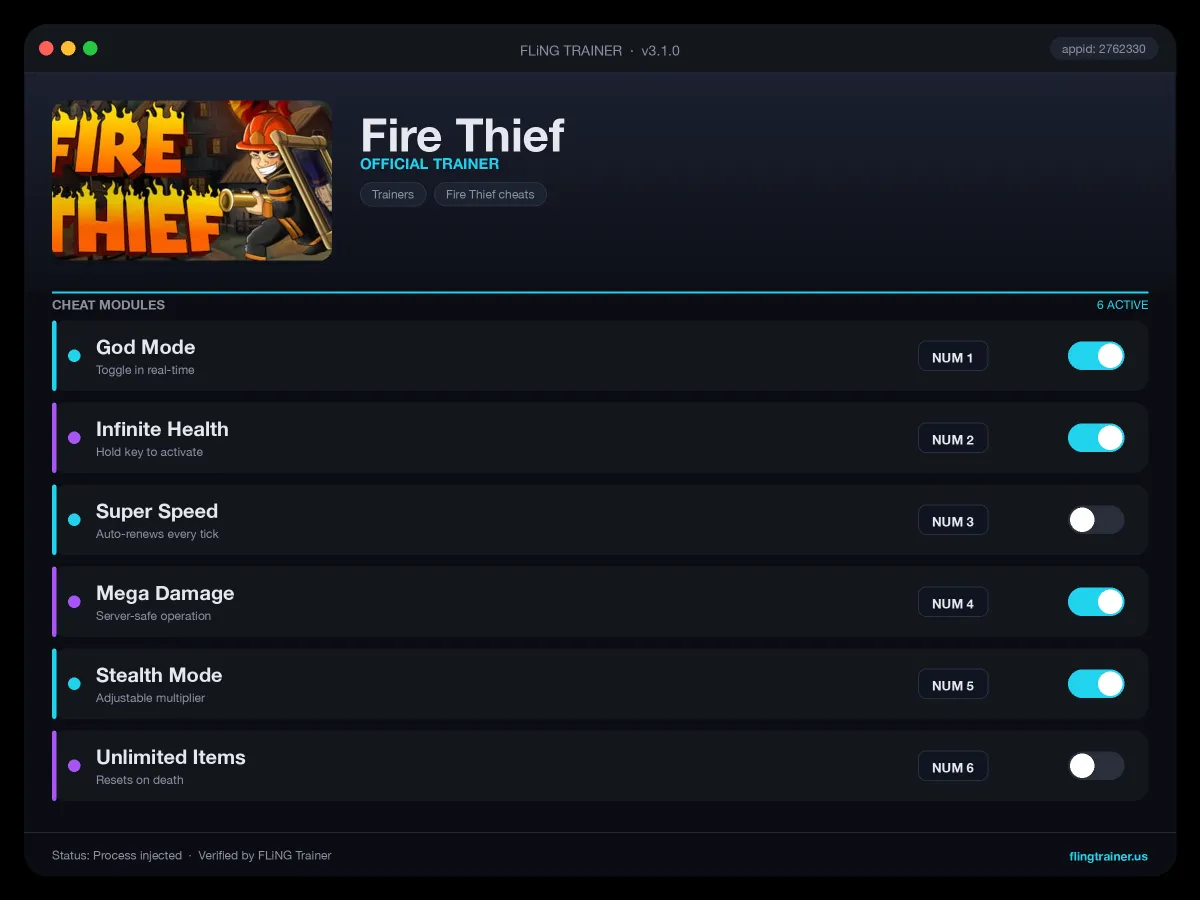 Fire Thief Trainer interface