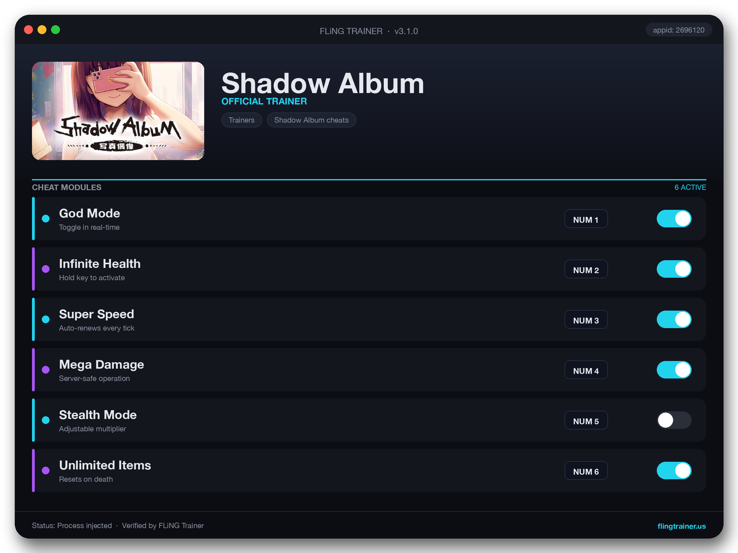 Shadow Album Trainer interface