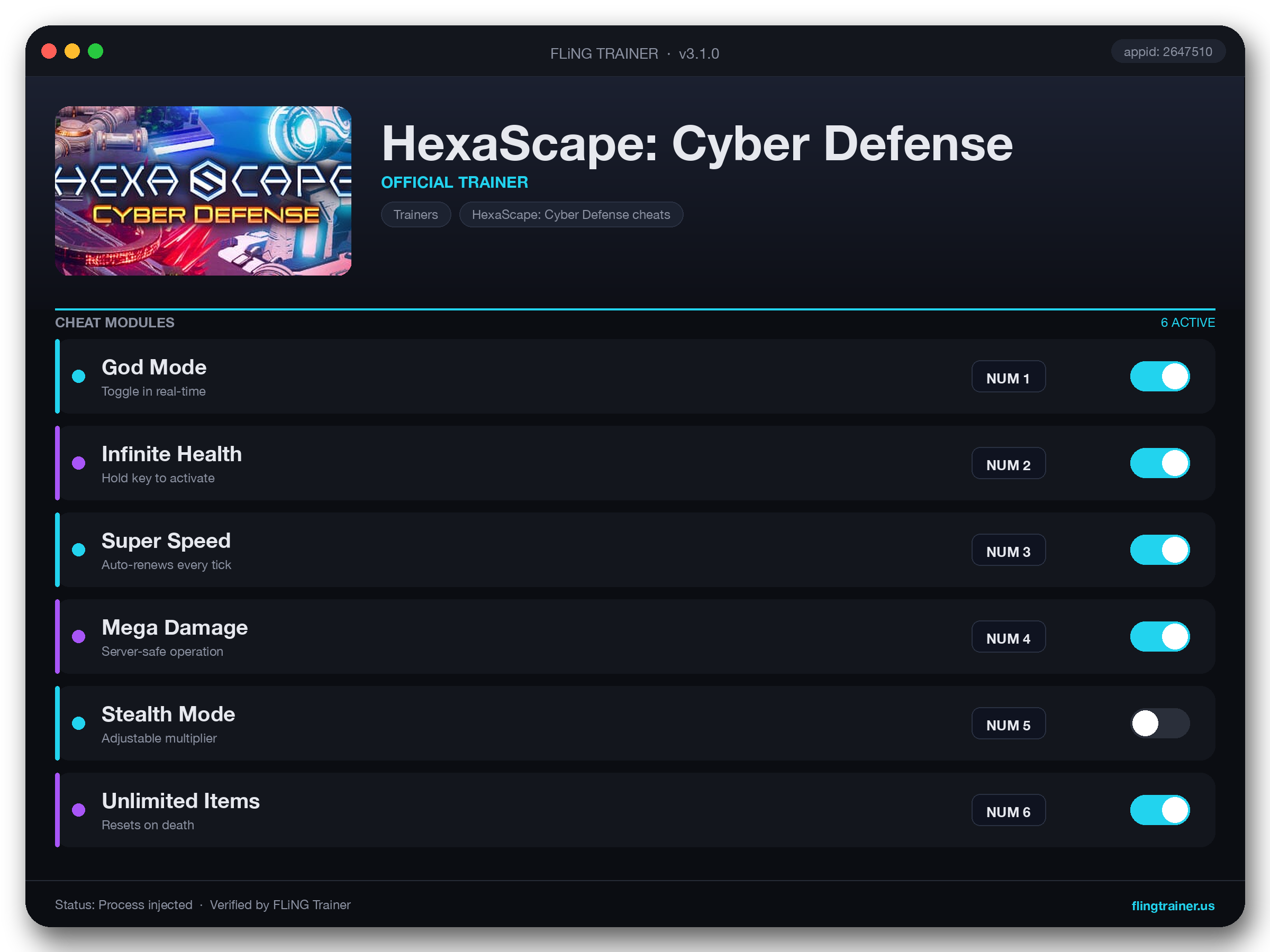 HexaScape: Cyber Defense Trainer interface