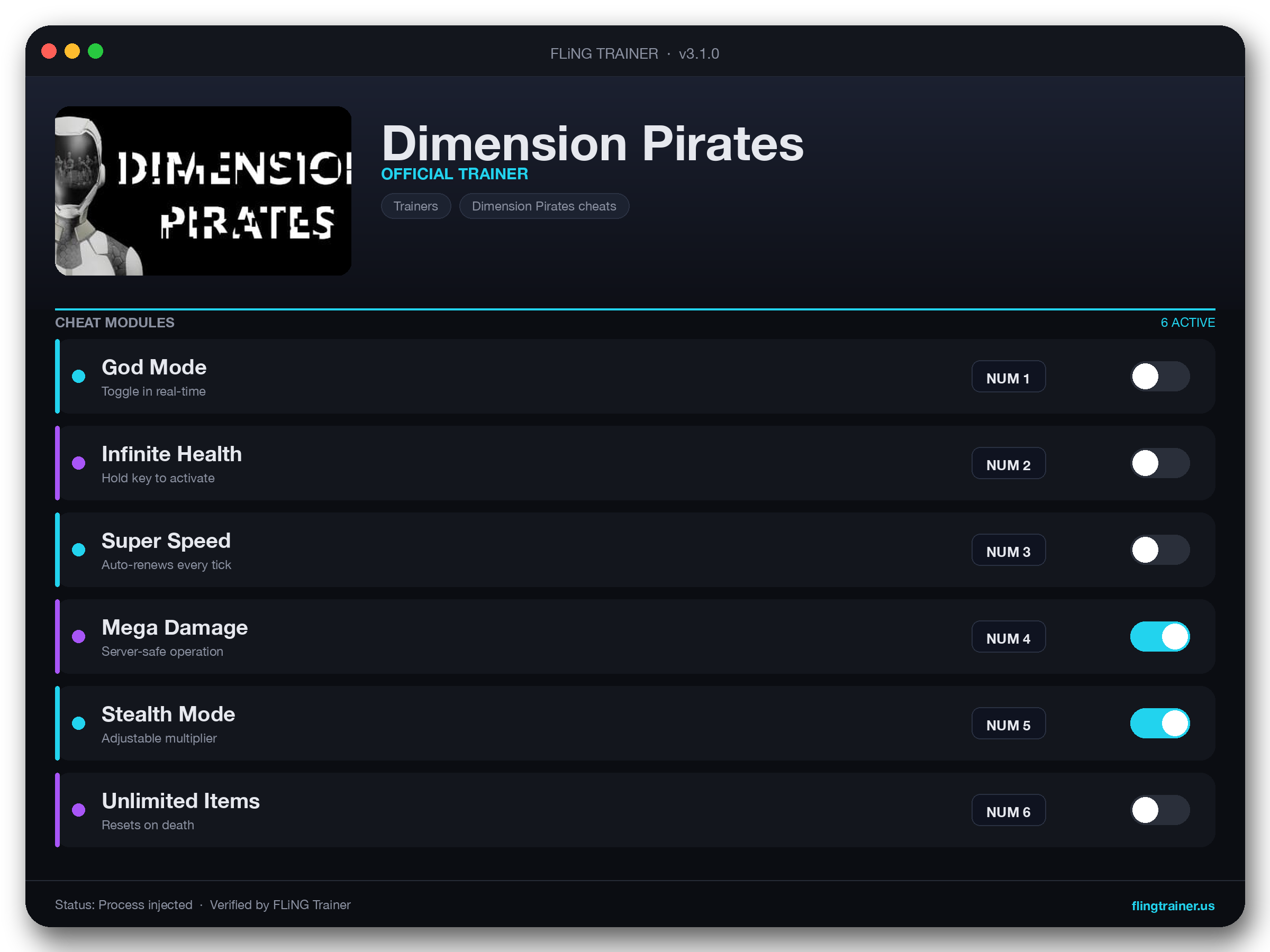 Dimension Pirates Trainer interface