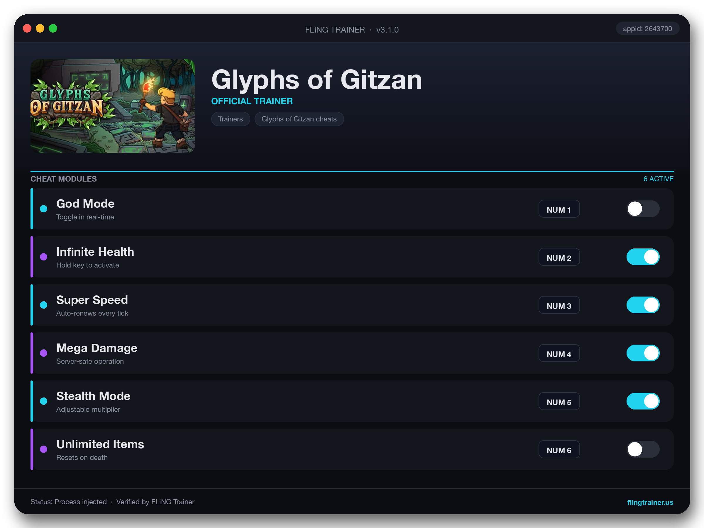 Glyphs of Gitzan Trainer interface
