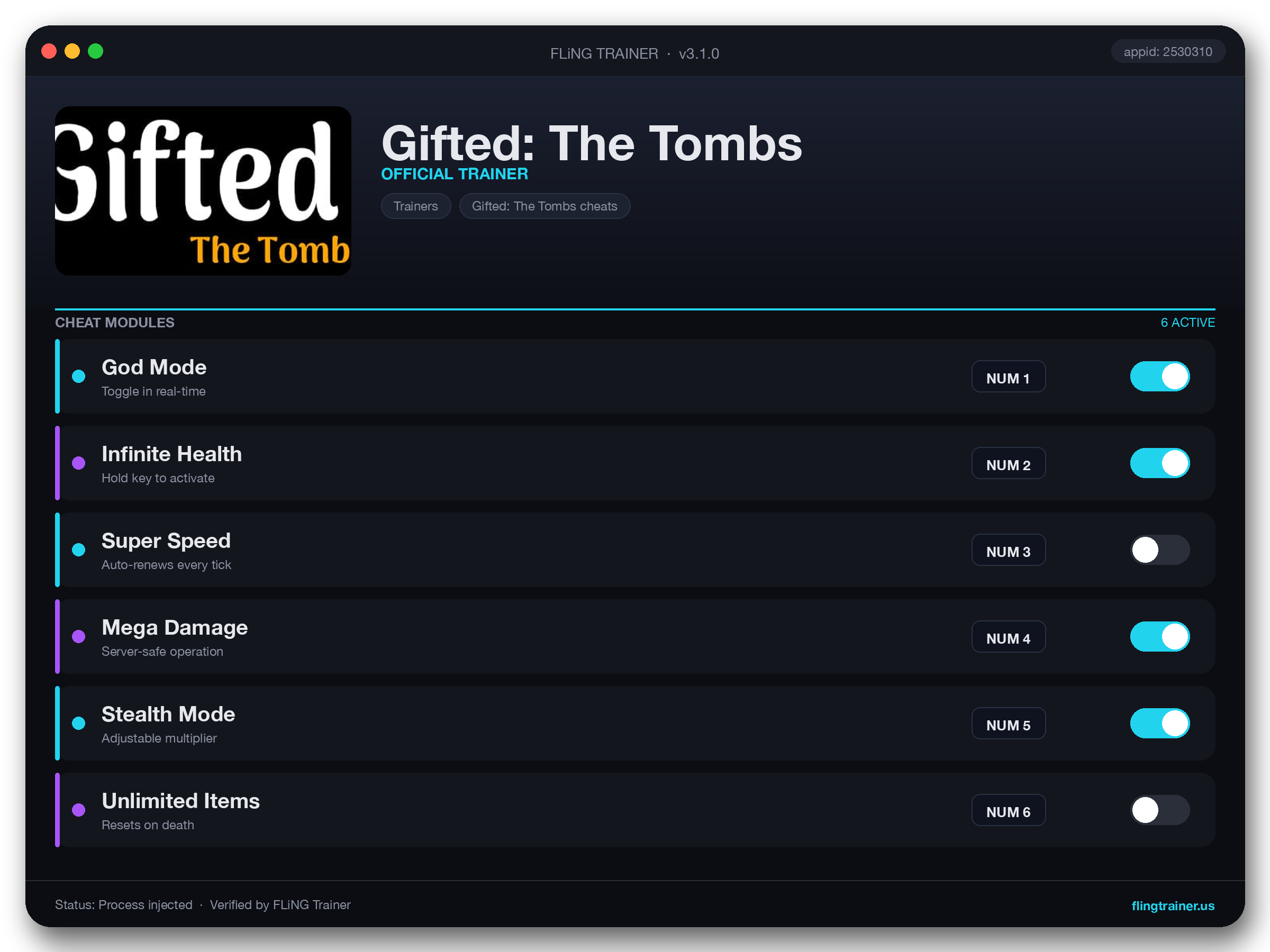 Gifted: The Tombs Trainer interface