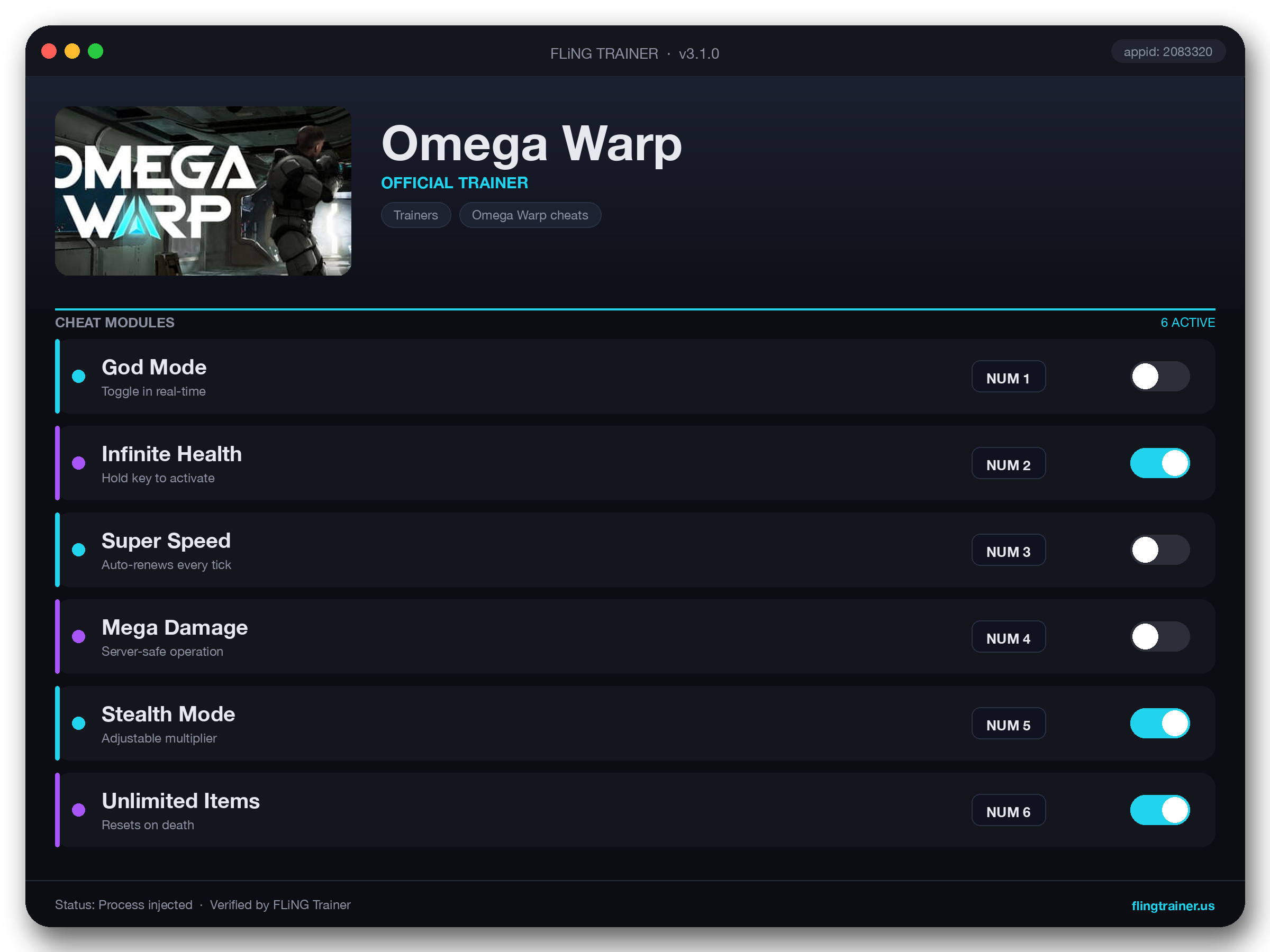 Omega Warp Trainer interface