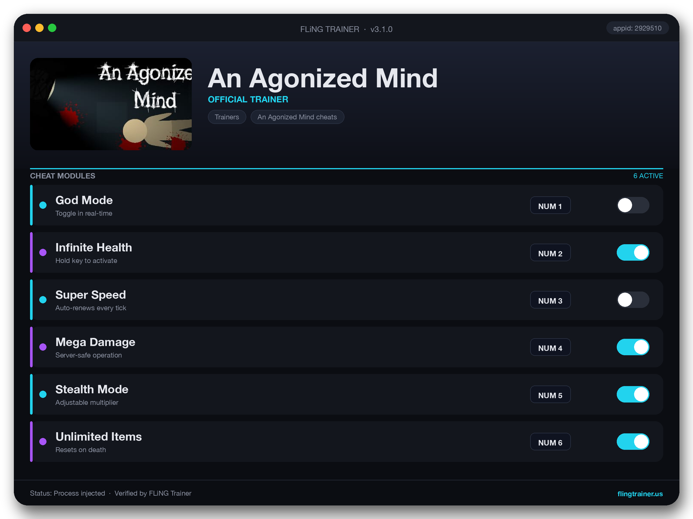 An Agonized Mind Trainer interface