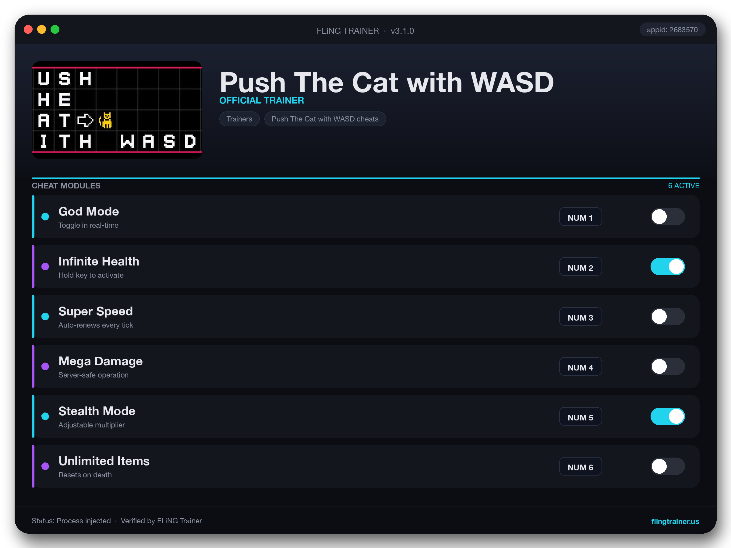 Push The Cat with WASD Trainer interface